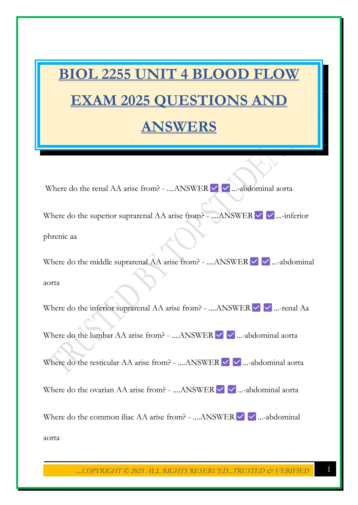 BIOL 2255 UNIT 4 BLOOD FLOW EXAM 2025 QUESTIONS AND ANSWERS