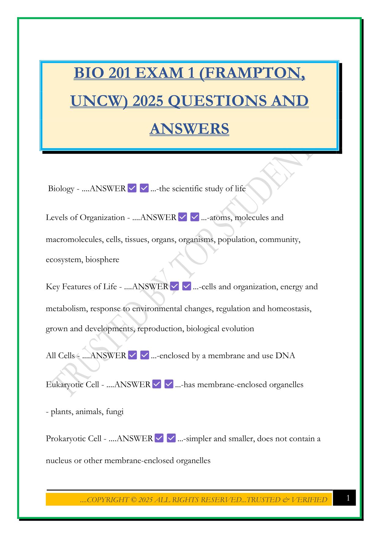BIO 201 EXAM 1 (FRAMPTON, UNCW) 2025 QUESTIONS AND ANSWERS