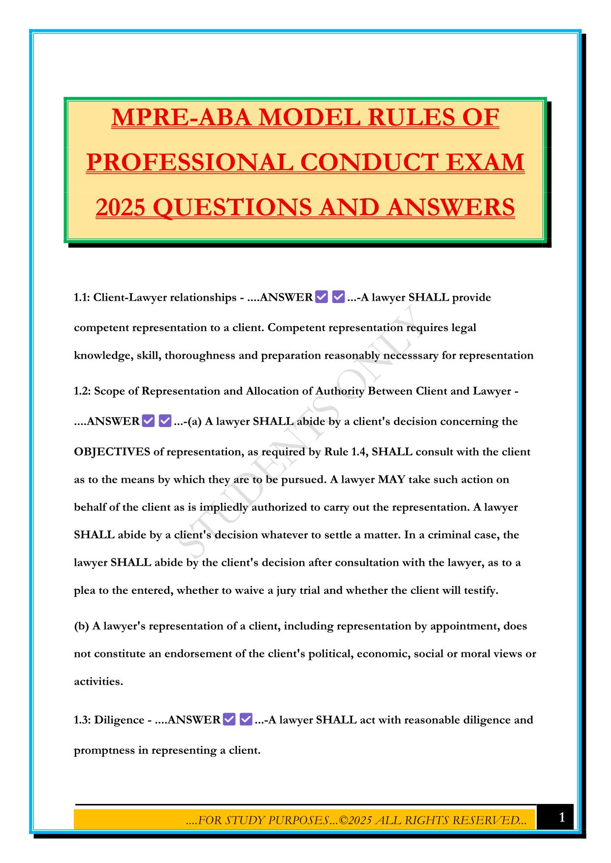 MPRE-ABA MODEL RULES OF PROFESSIONAL CONDUCT EXAM 2025 QUESTIONS AND ANSWERS