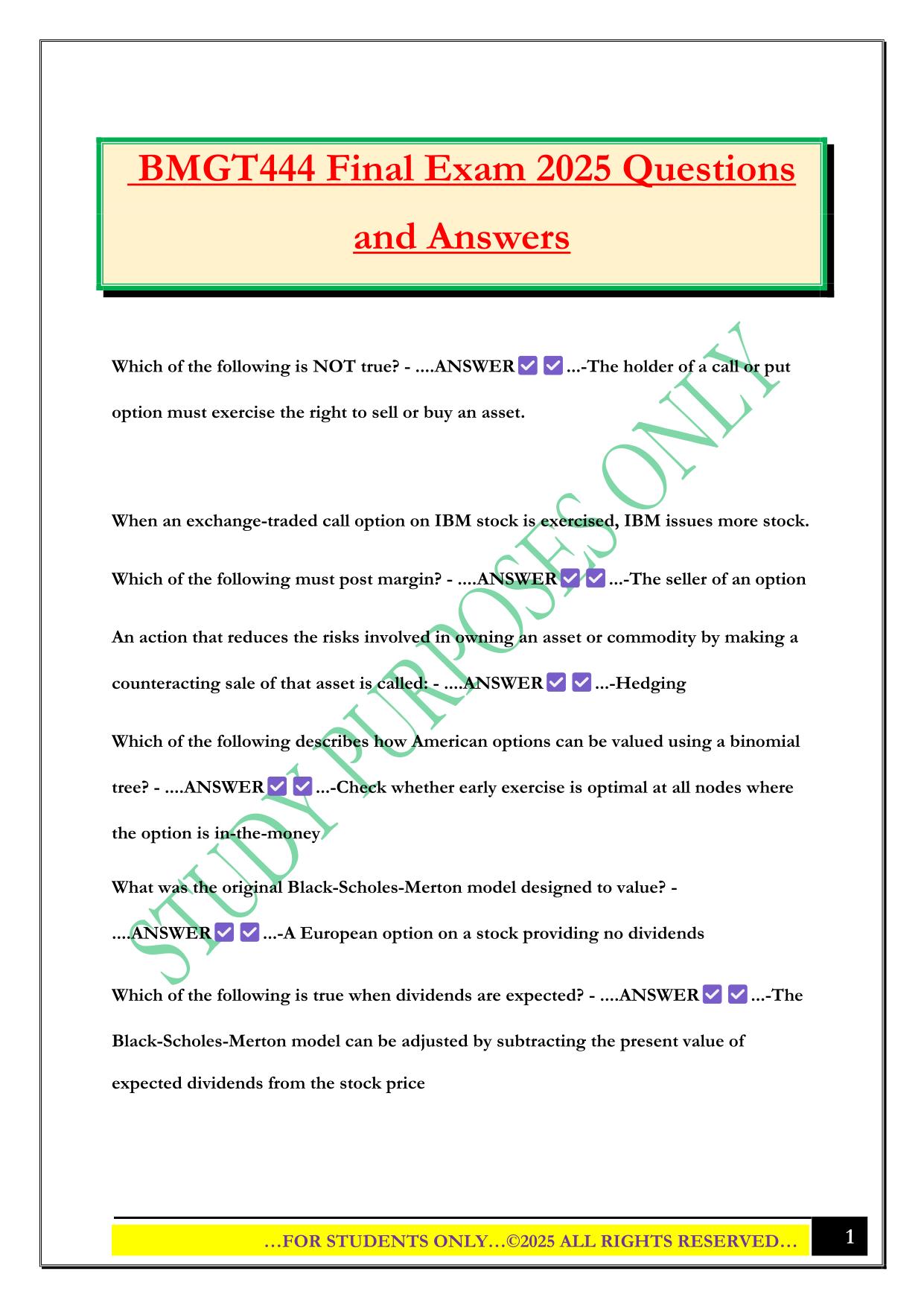 BMGT444 Final Exam 2025 Questions and Answers