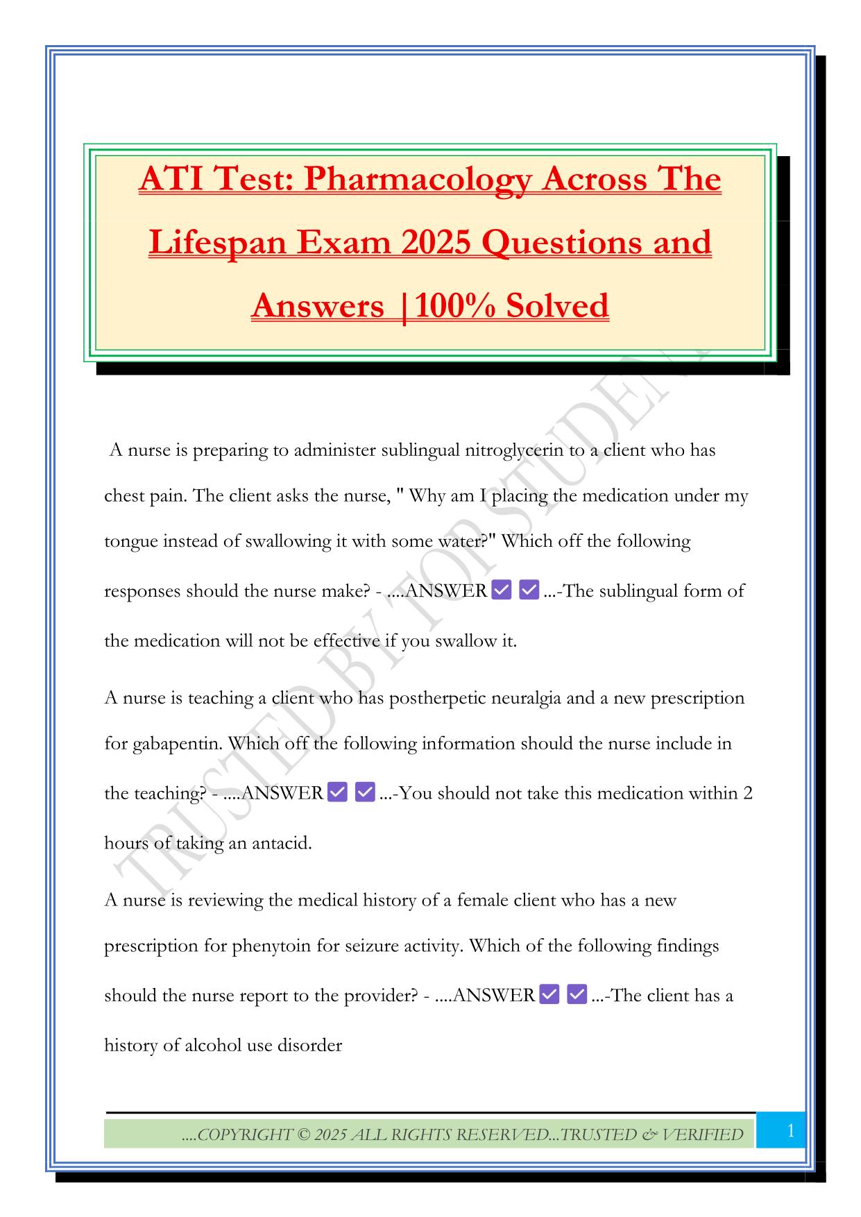 ATI Test: Pharmacology Across The Lifespan Exam 2025 Questions and Answers |100% Solved