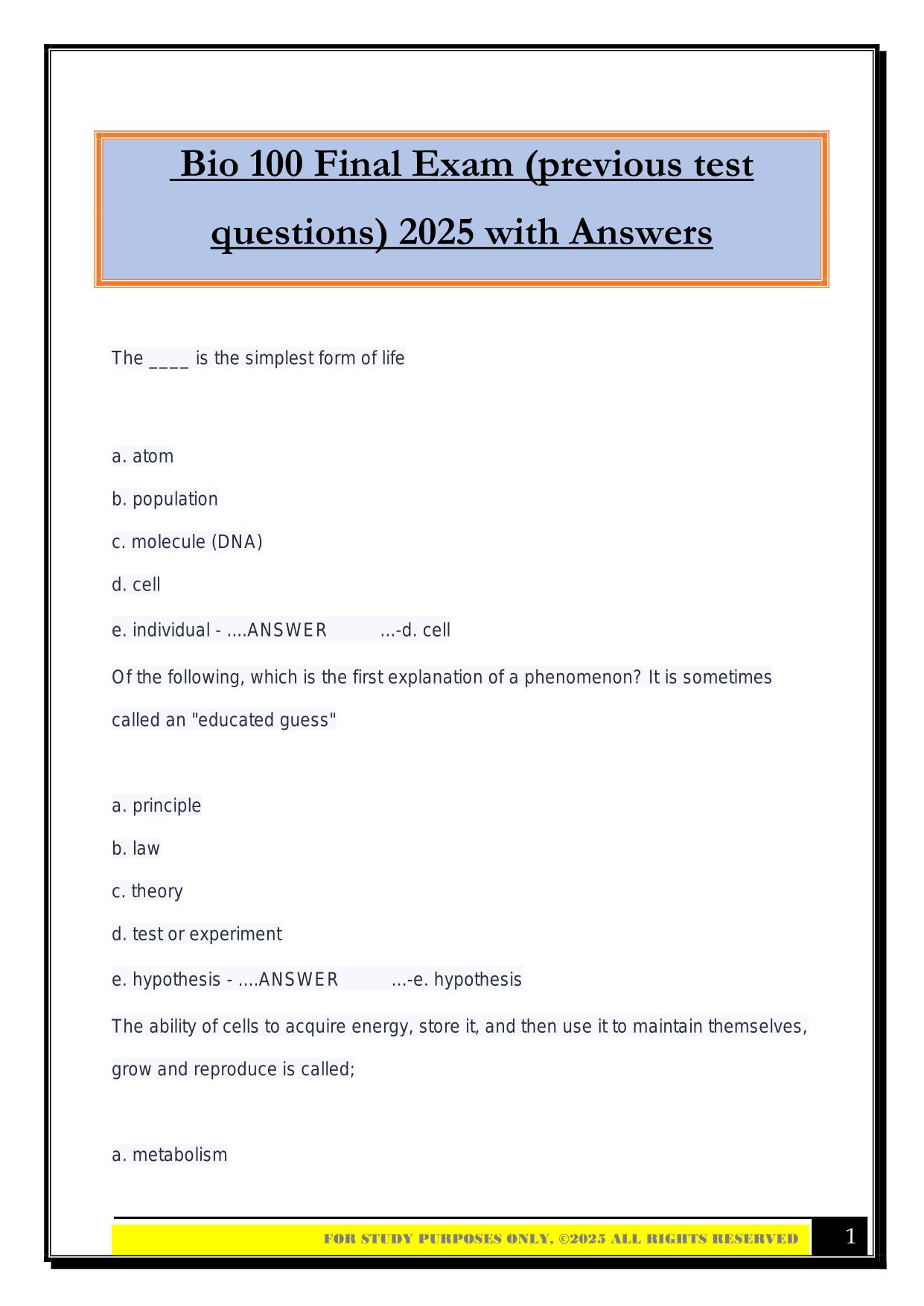Bio 100 Final Exam (previous test questions) 2025 with Answers