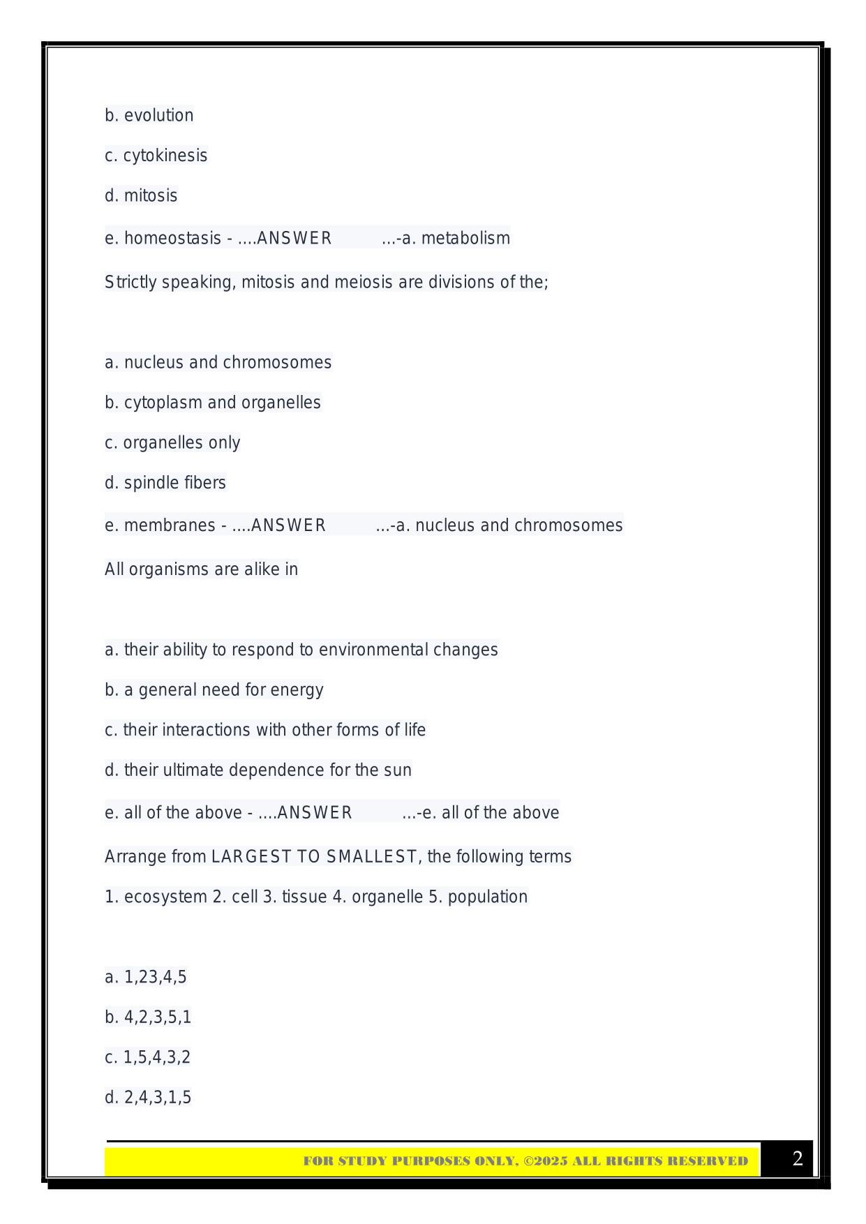 Bio 100 Final Exam (previous test questions) 2025 with Answers