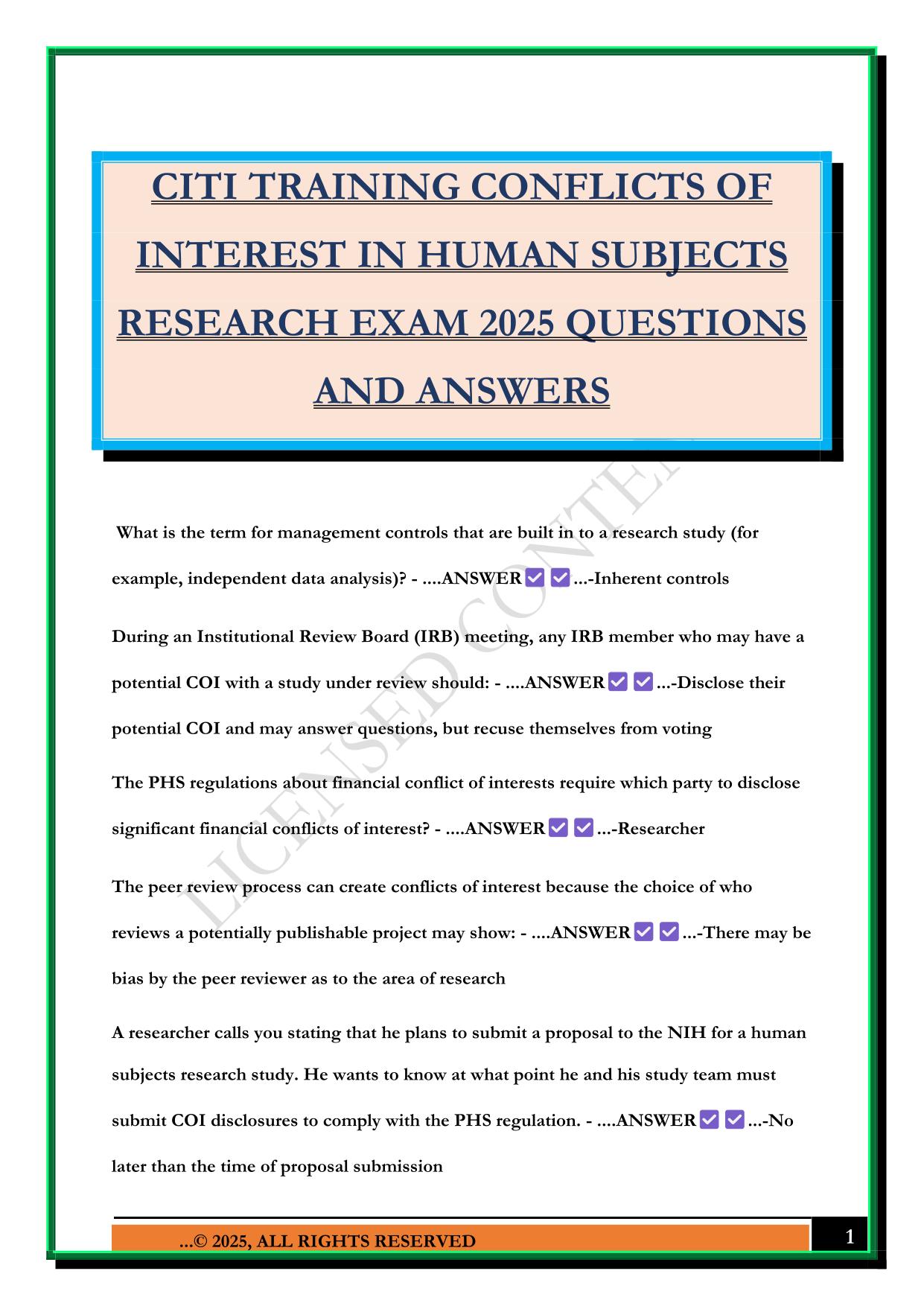 CITI TRAINING CONFLICTS OF INTEREST IN HUMAN SUBJECTS RESEARCH EXAM 2025 QUESTIONS AND ANSWERS