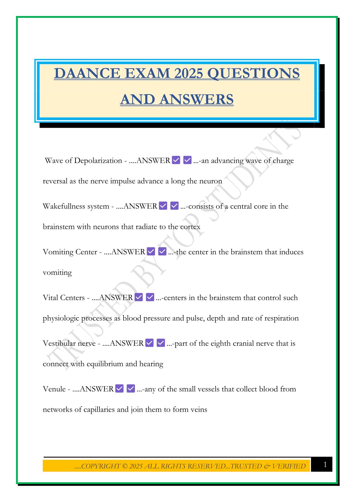 DAANCE EXAM 2025 QUESTIONS AND ANSWERS