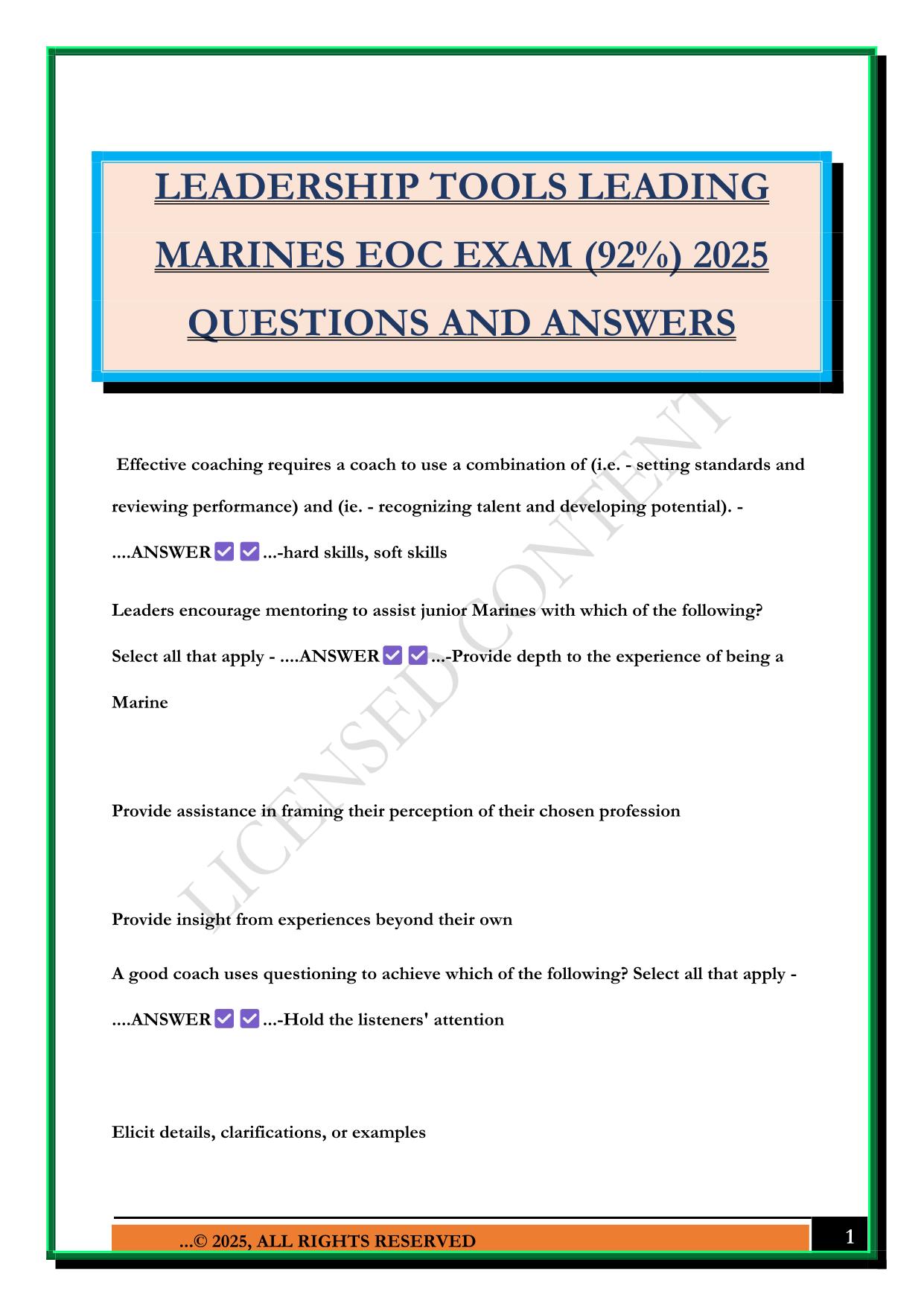 LEADERSHIP TOOLS LEADING MARINES EOC EXAM (92%) 2025 QUESTIONS AND ANSWERS