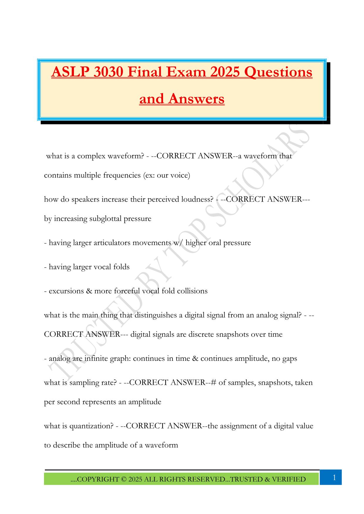 ASLP 3030 Final Exam 2025 Questions and Answers