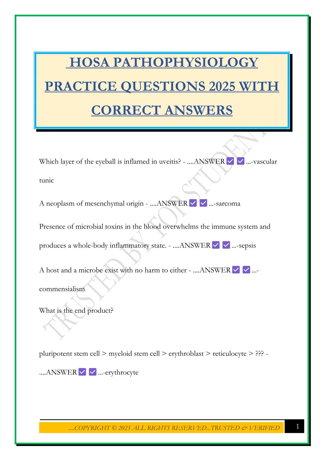 HOSA PATHOPHYSIOLOGY PRACTICE QUESTIONS 2025 WITH CORRECT ANSWERS