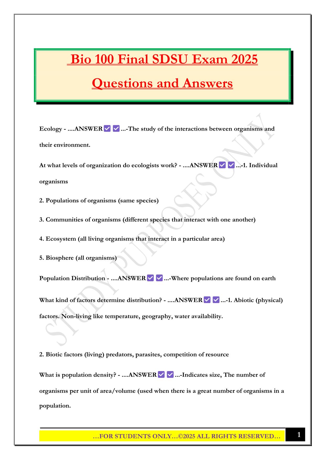 Bio 100 Final SDSU Exam 2025 Questions and Answers