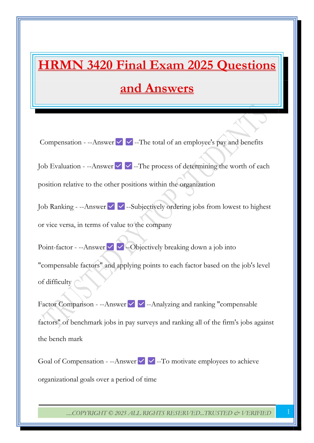 HRMN 3420 Final Exam 2025 Questions and Answers