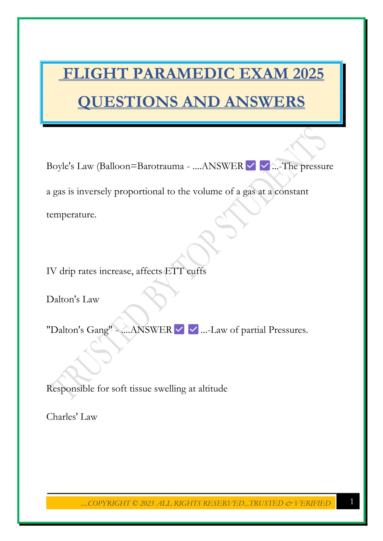 FLIGHT PARAMEDIC EXAM 2025 QUESTIONS AND ANSWERS