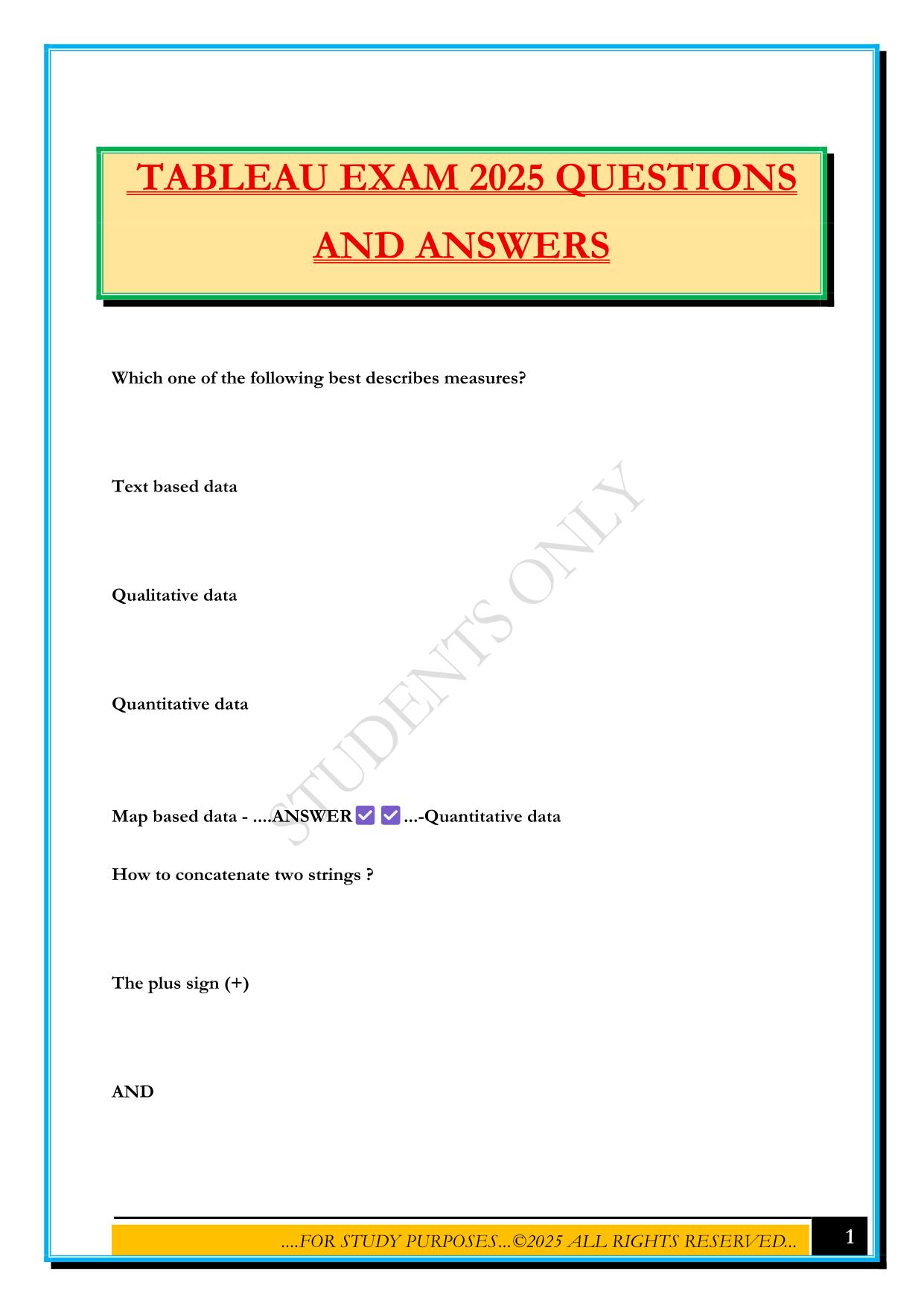 TABLEAU EXAM 2025 QUESTIONS AND ANSWERS