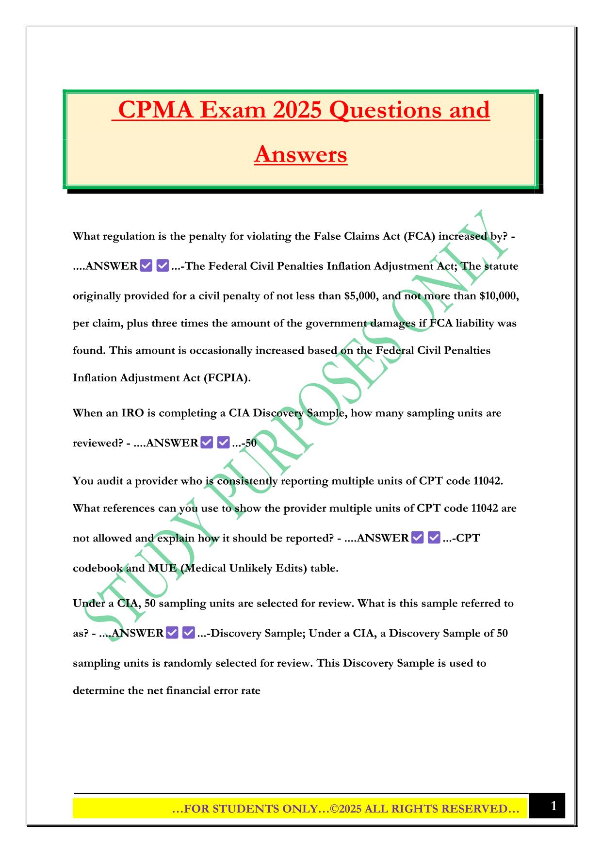 CPMA Exam 2025 Questions and Answers