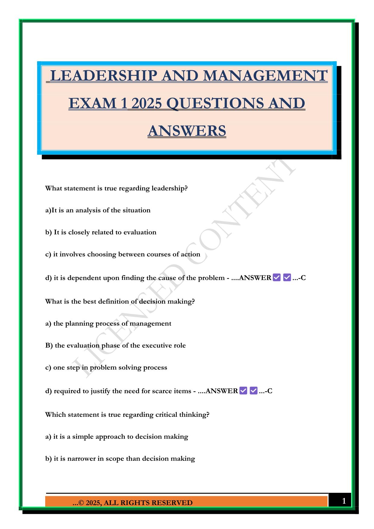 LEADERSHIP AND MANAGEMENT EXAM 1 2025 QUESTIONS AND ANSWERS