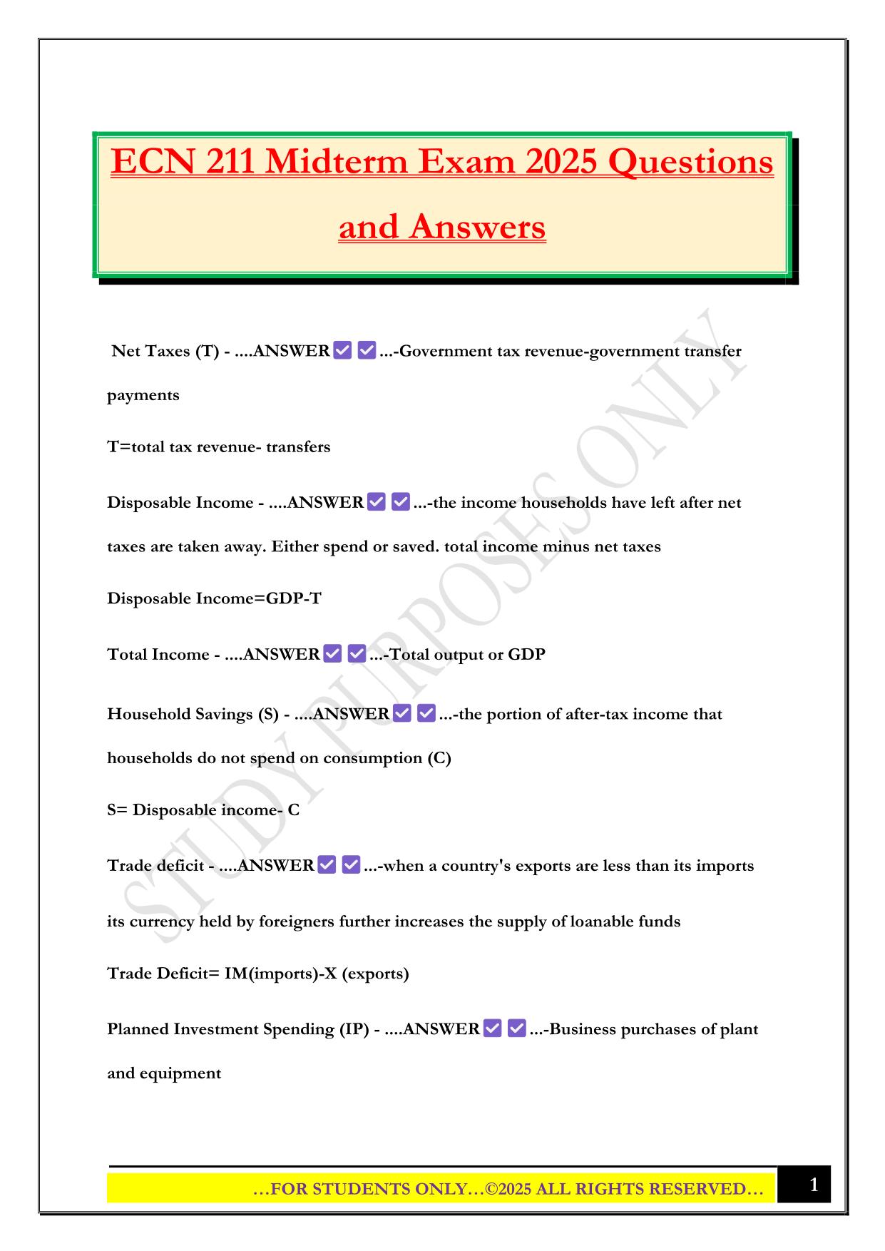 ECN 211 Midterm Exam 2025 Questions and Answers