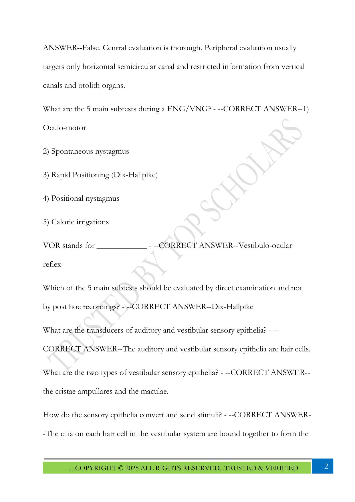 Audiology Praxis Review (Vestib) Exam 2025 Questions and Answers