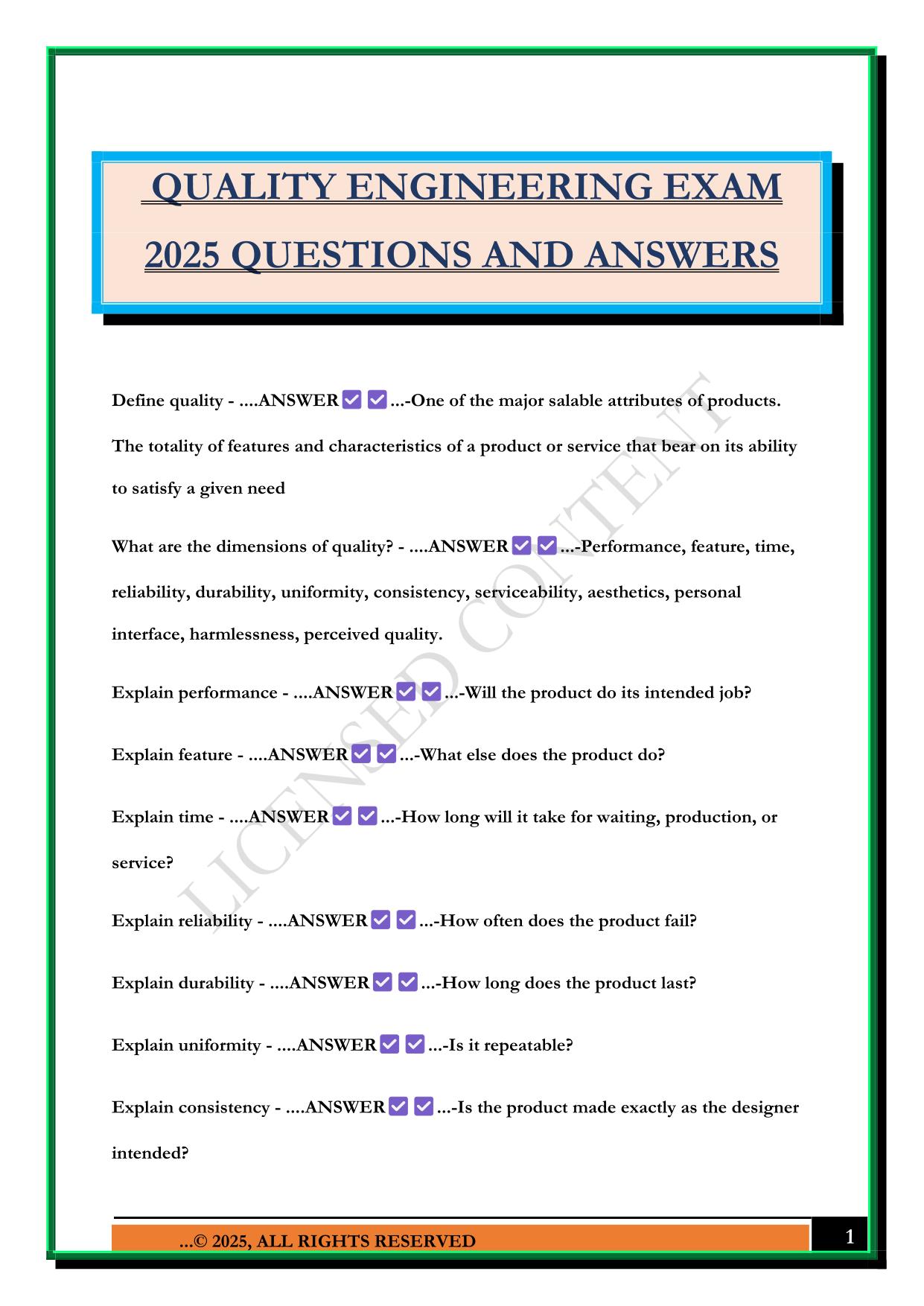 QUALITY ENGINEERING EXAM 2025 QUESTIONS AND ANSWERS