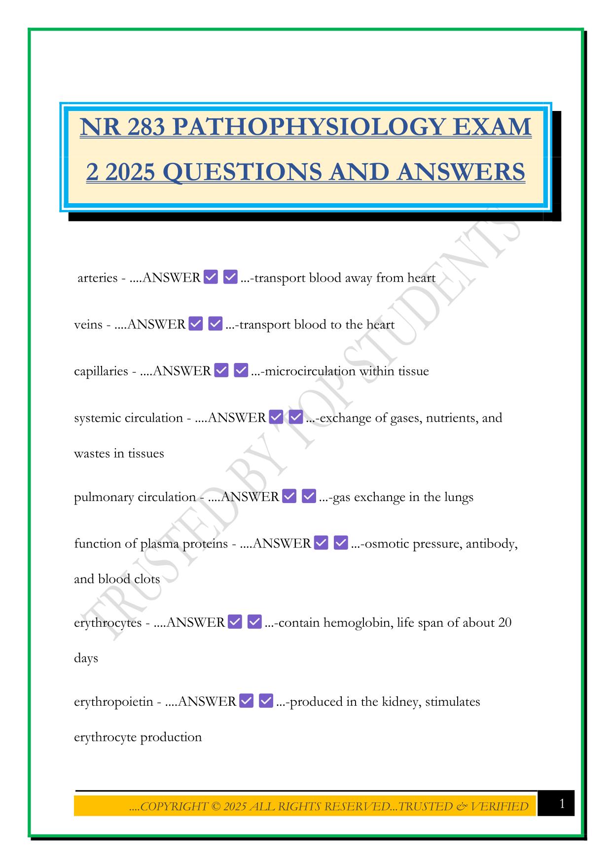 NR 283 PATHOPHYSIOLOGY EXAM 2 2025 QUESTIONS AND ANSWERS