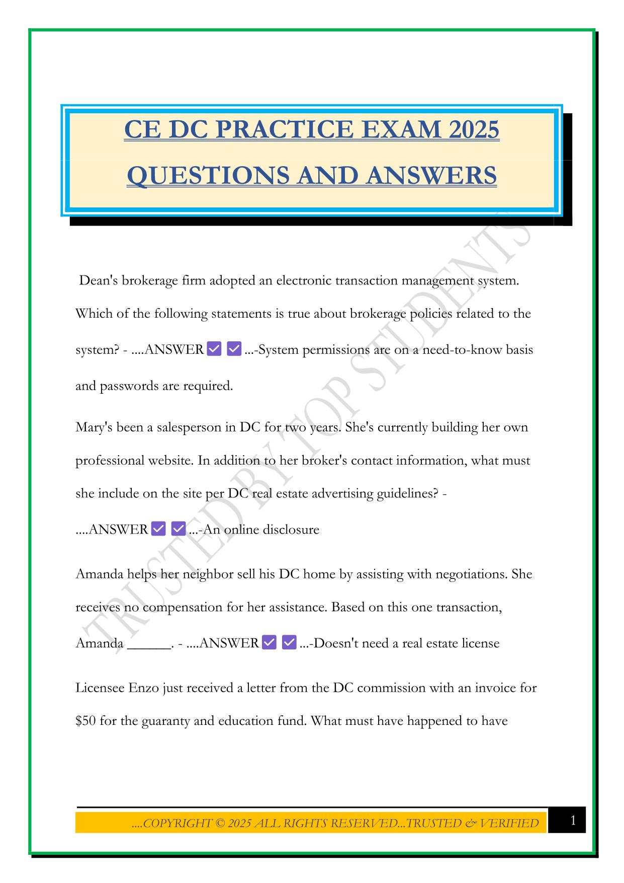 CE DC PRACTICE EXAM 2025 QUESTIONS AND ANSWERS