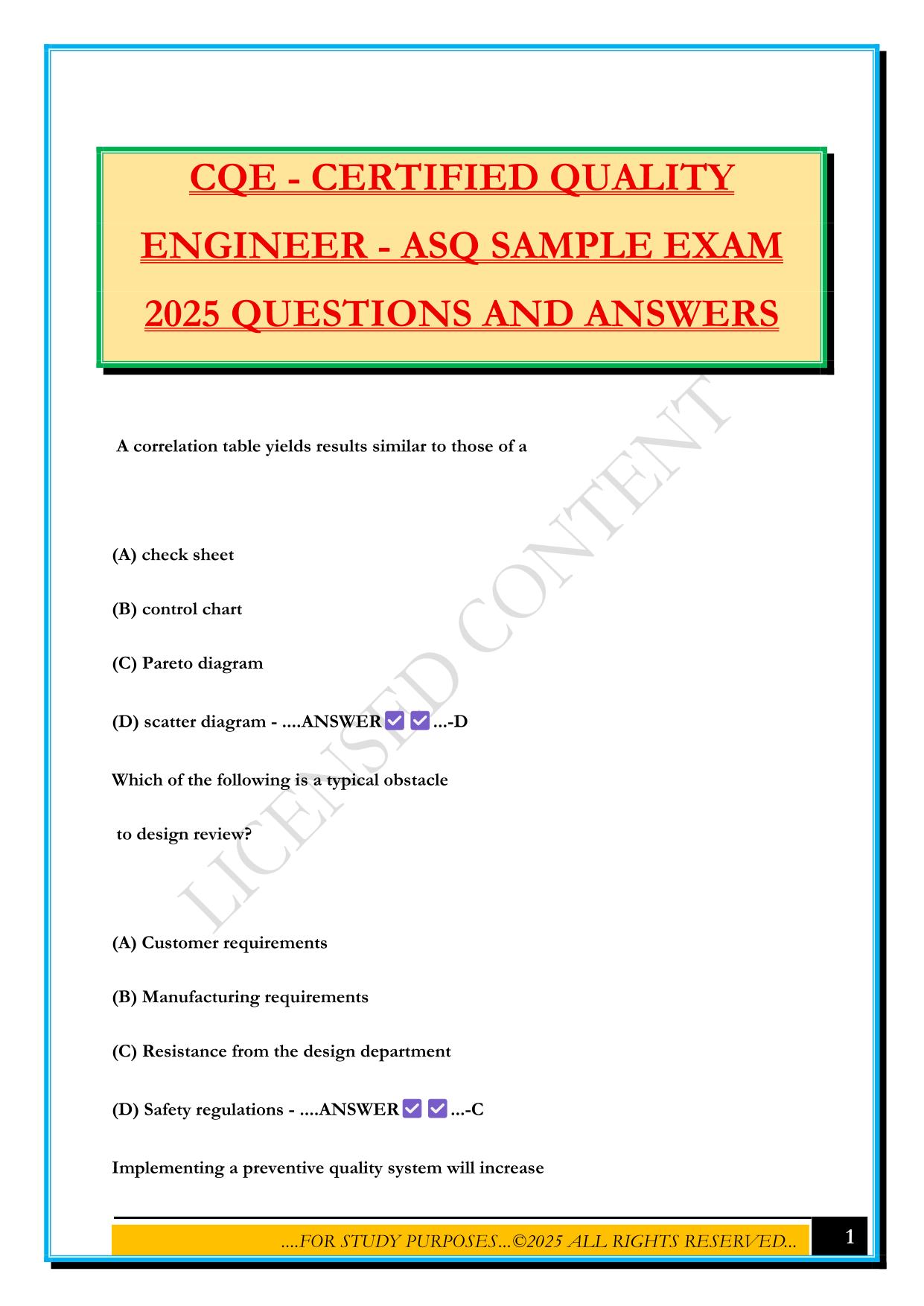 CQE - CERTIFIED QUALITY ENGINEER - ASQ SAMPLE EXAM 2025 QUESTIONS AND ANSWERS