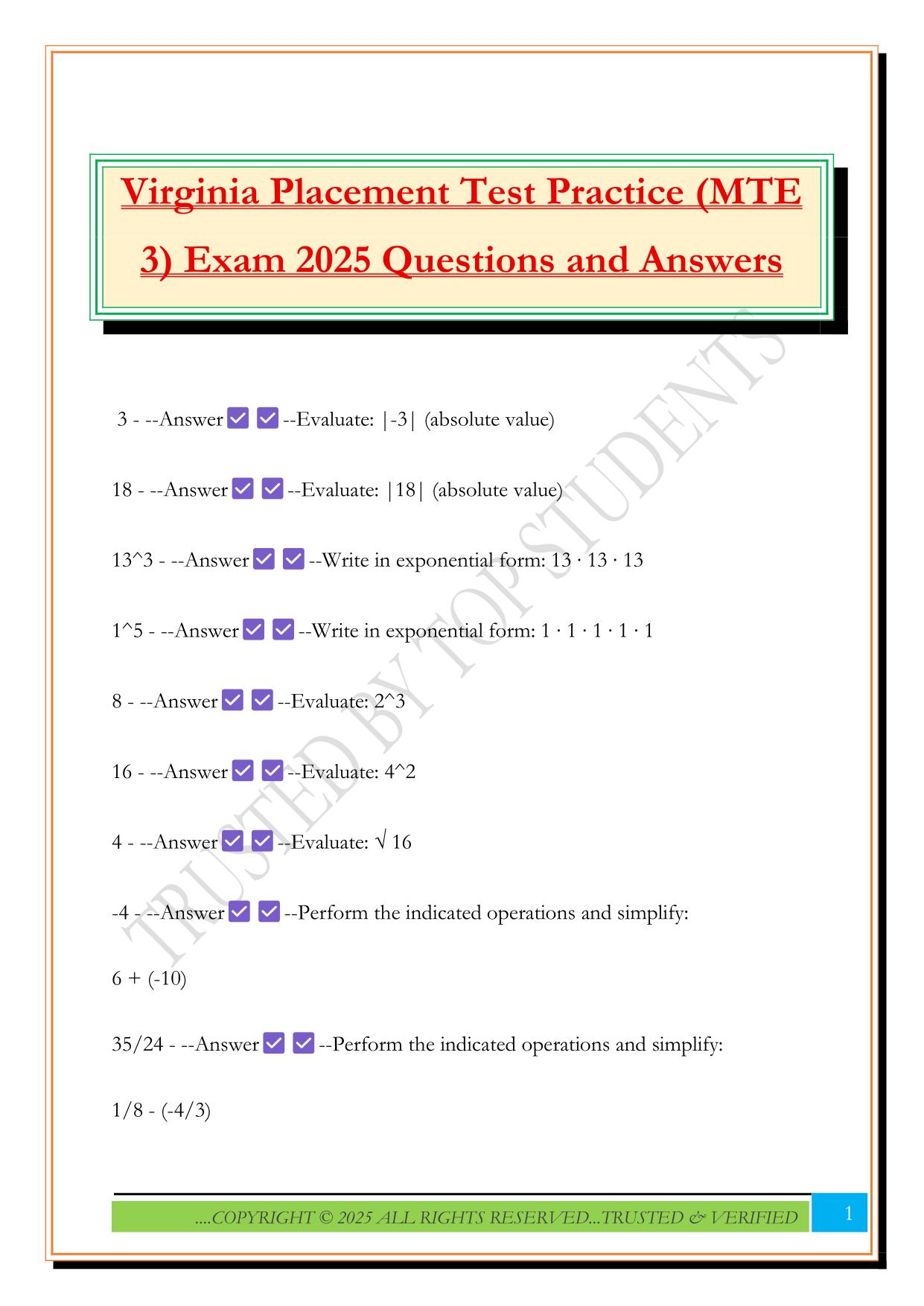 Virginia Placement Test Practice (MTE 3) Exam 2025 Questions and Answers