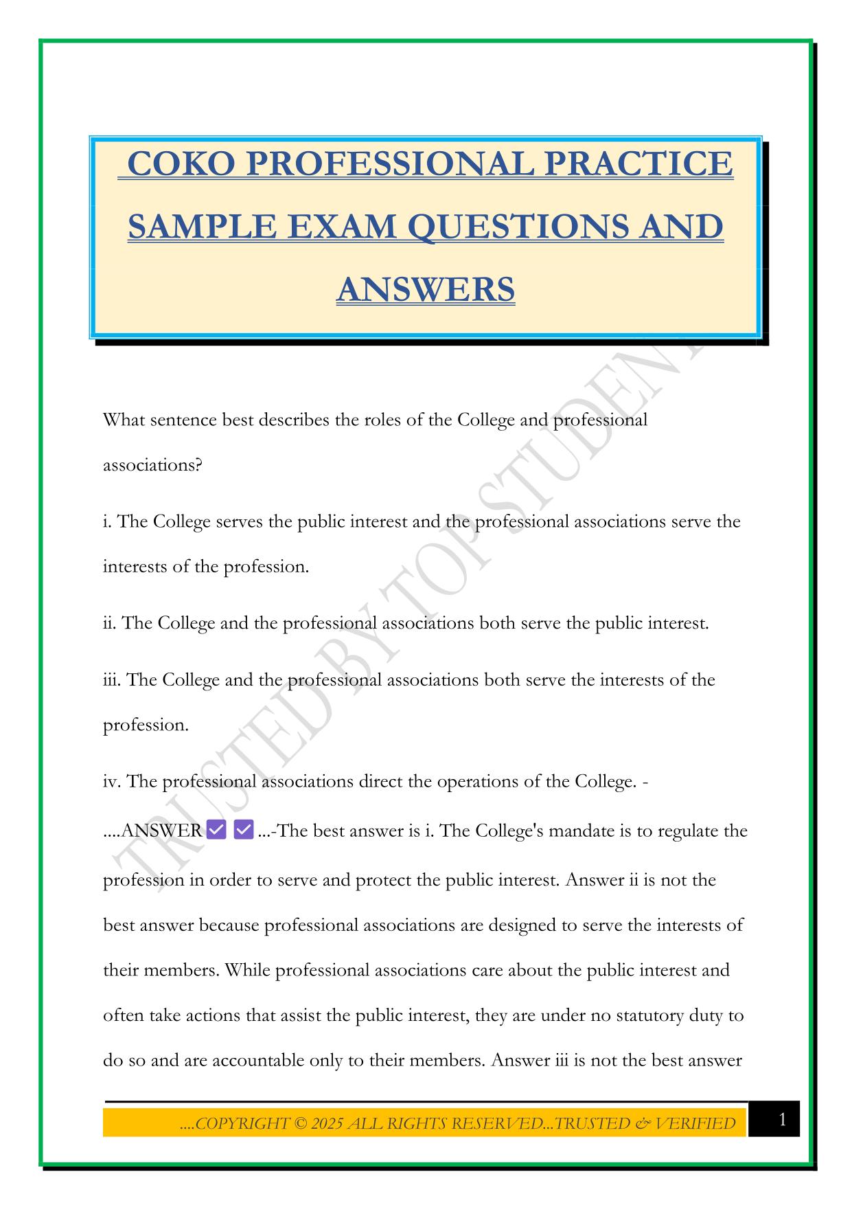 COKO PROFESSIONAL PRACTICE SAMPLE EXAM QUESTIONS AND ANSWERS