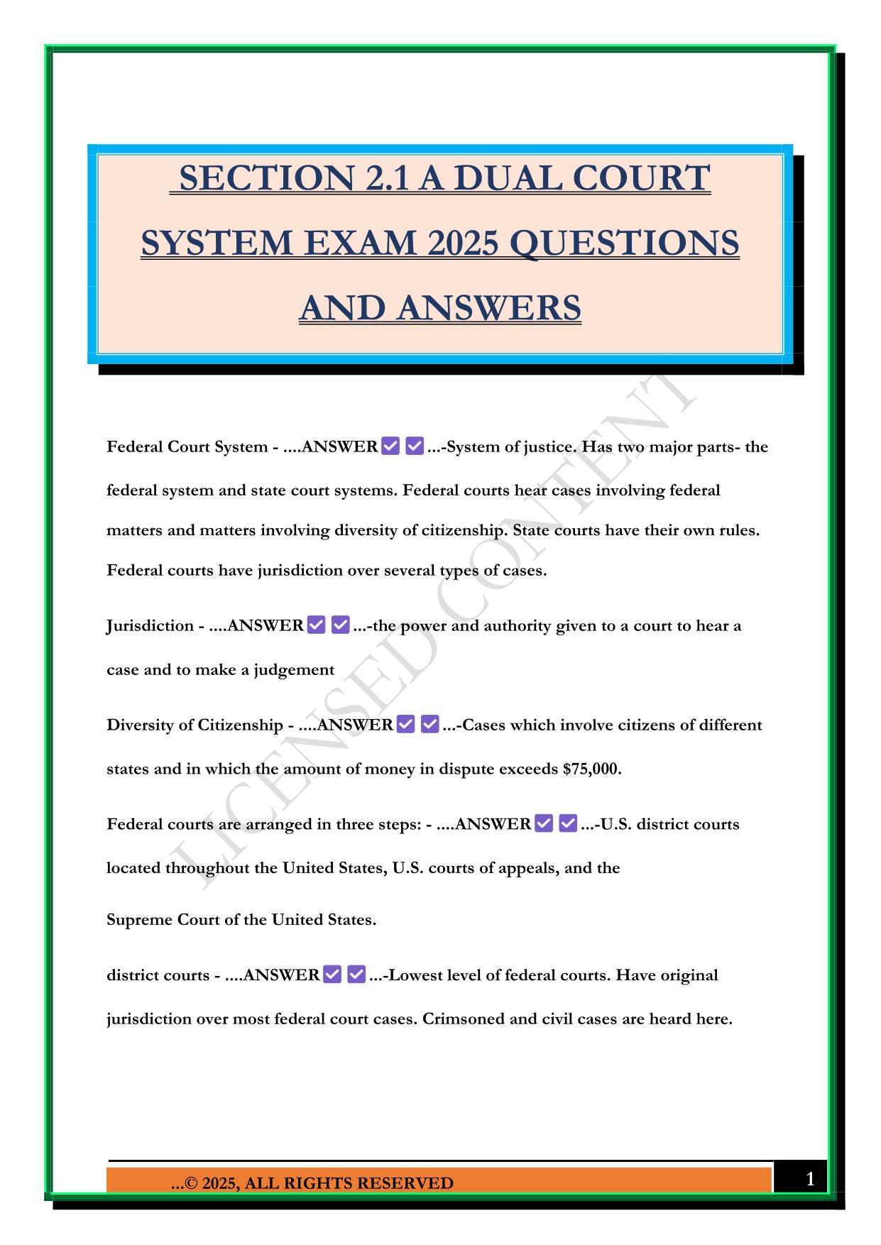 SECTION 2.1 A DUAL COURT SYSTEM EXAM 2025 QUESTIONS AND ANSWERS