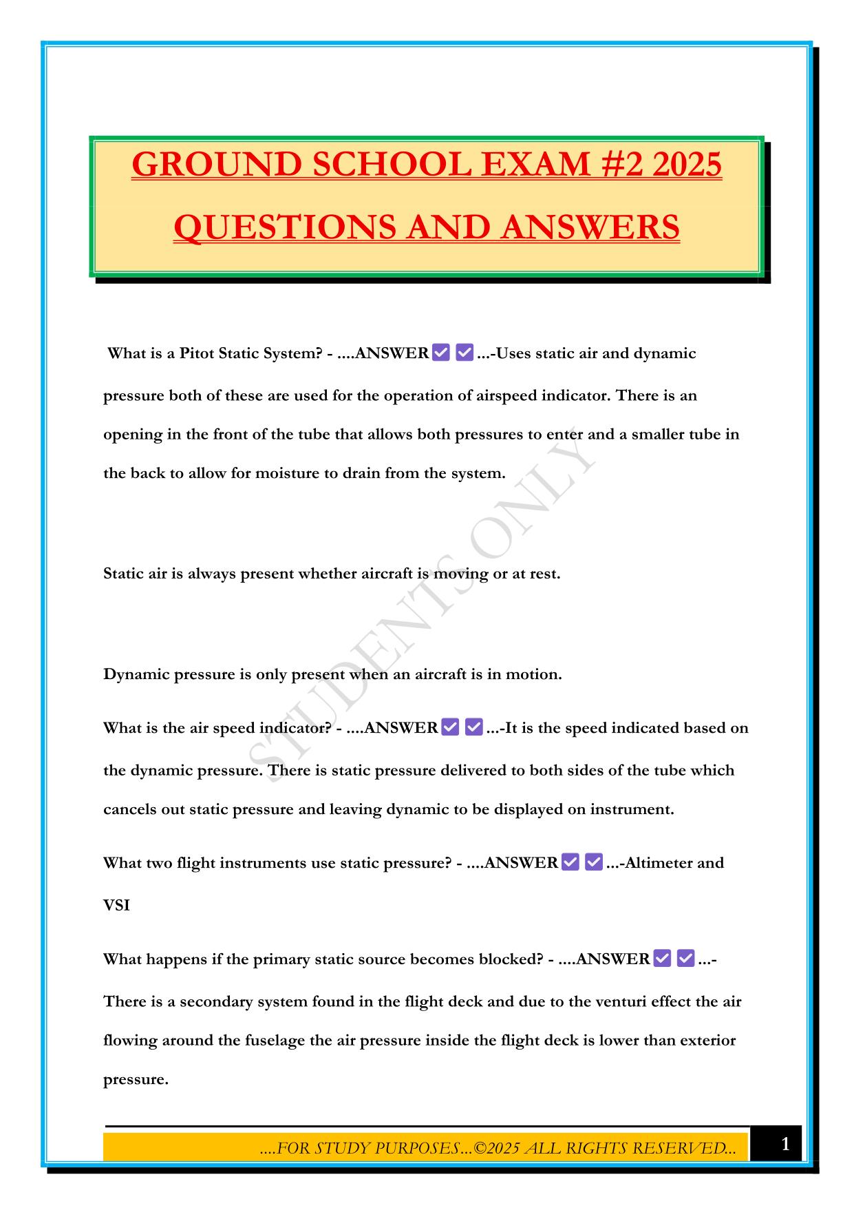 GROUND SCHOOL EXAM #2 2025 QUESTIONS AND ANSWERS