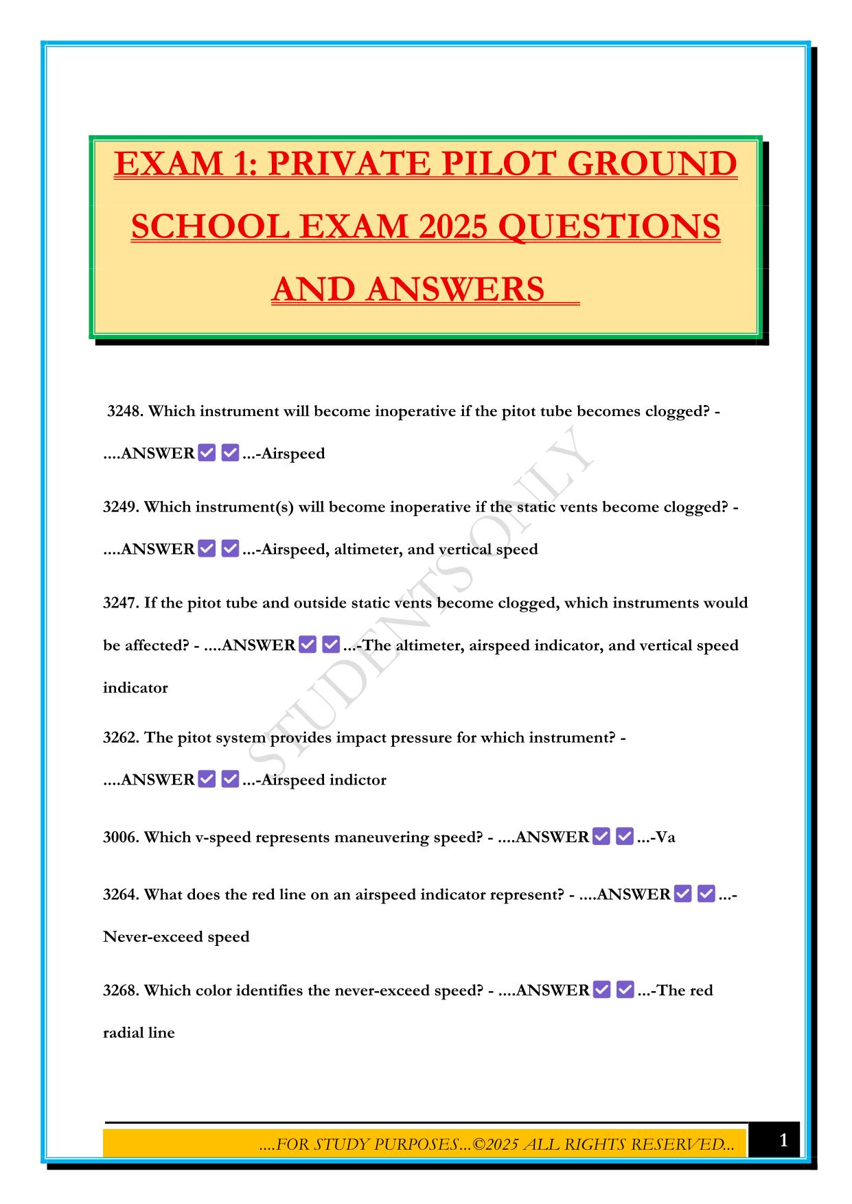 EXAM 1: PRIVATE PILOT GROUND SCHOOL EXAM 2025 QUESTIONS AND ANSWERS