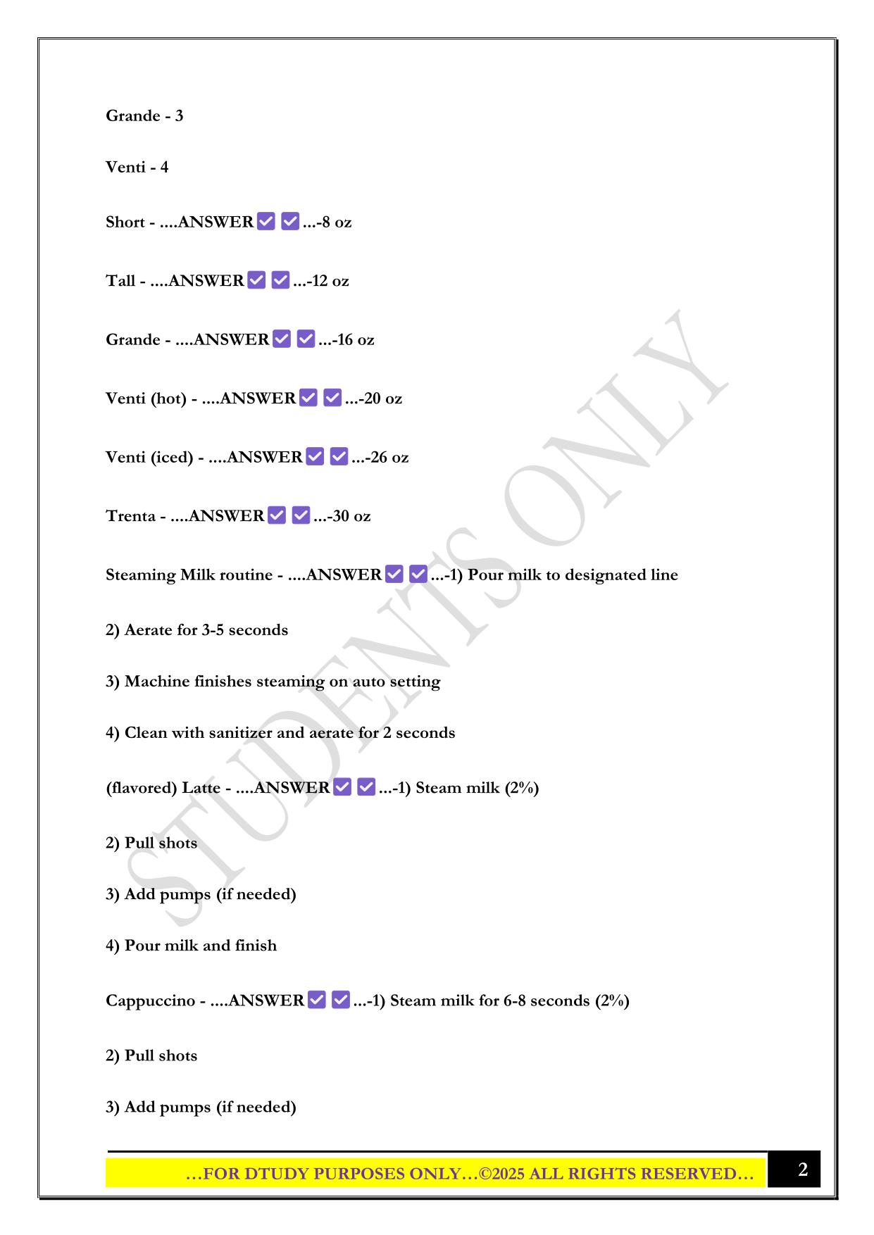 STARBUCKS BARISTA TRAINING EXAM 2025 QUESTIONS AND ANSWERS