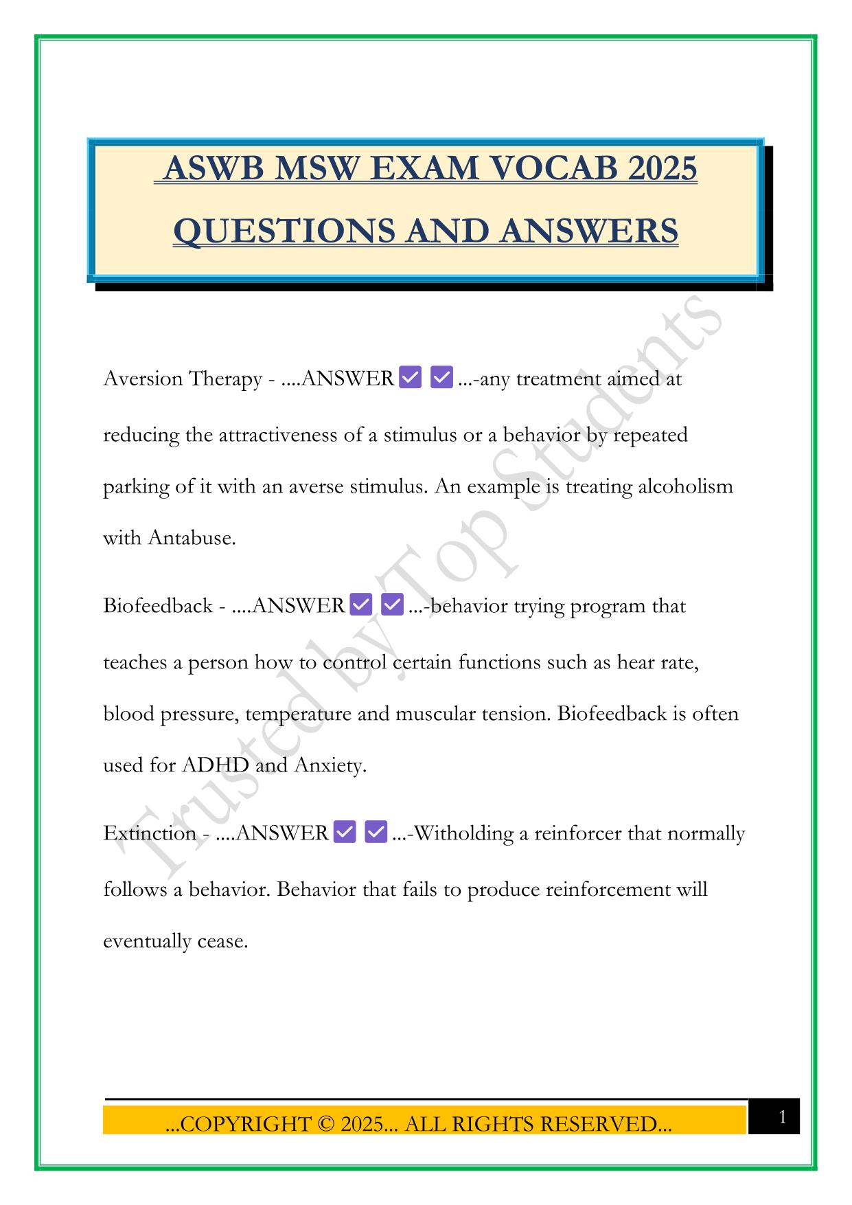 ASWB MSW EXAM VOCAB 2025 QUESTIONS AND ANSWERS