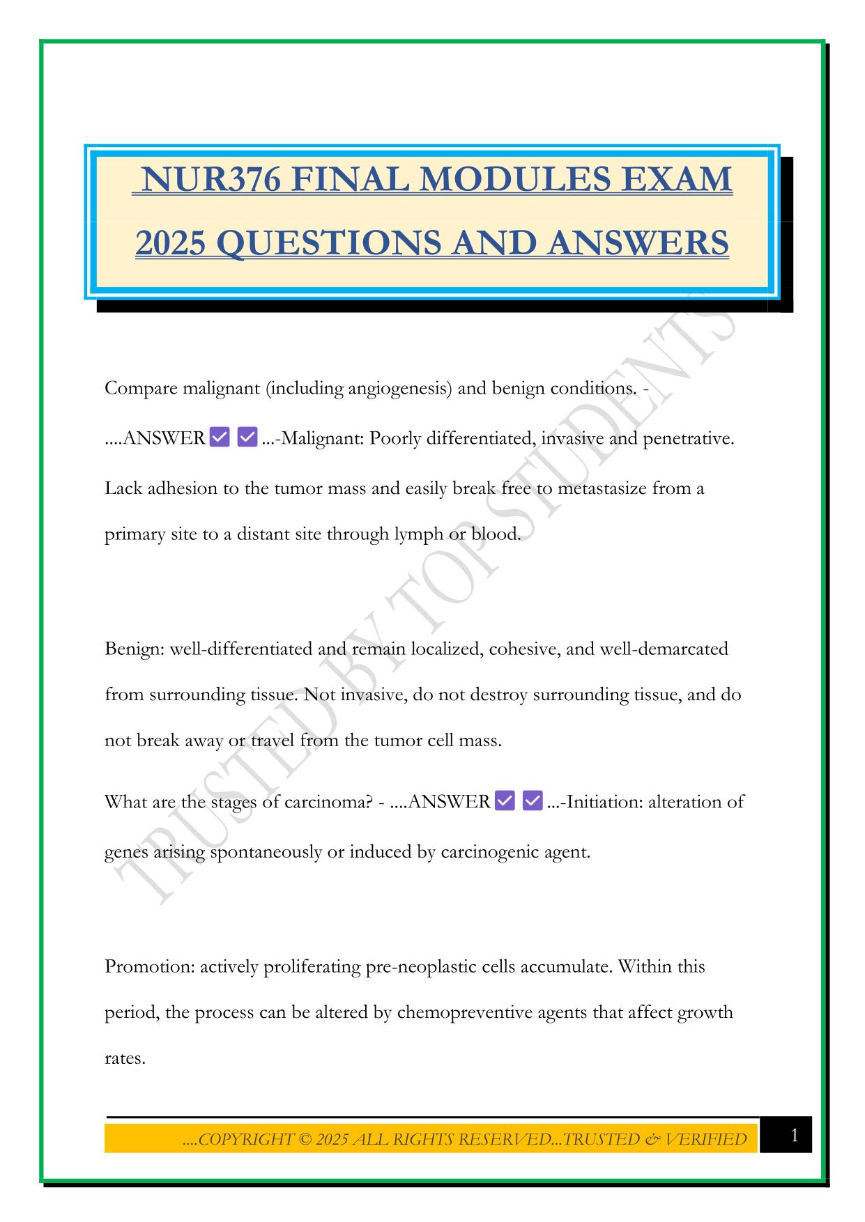 NUR376 FINAL MODULES EXAM 2025 QUESTIONS AND ANSWERS