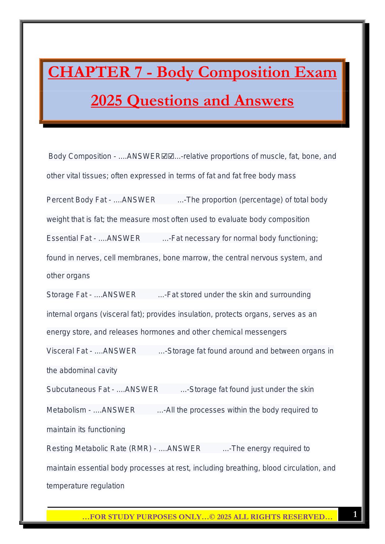 CHAPTER 7 - Body Composition Exam 2025 Questions and Answers