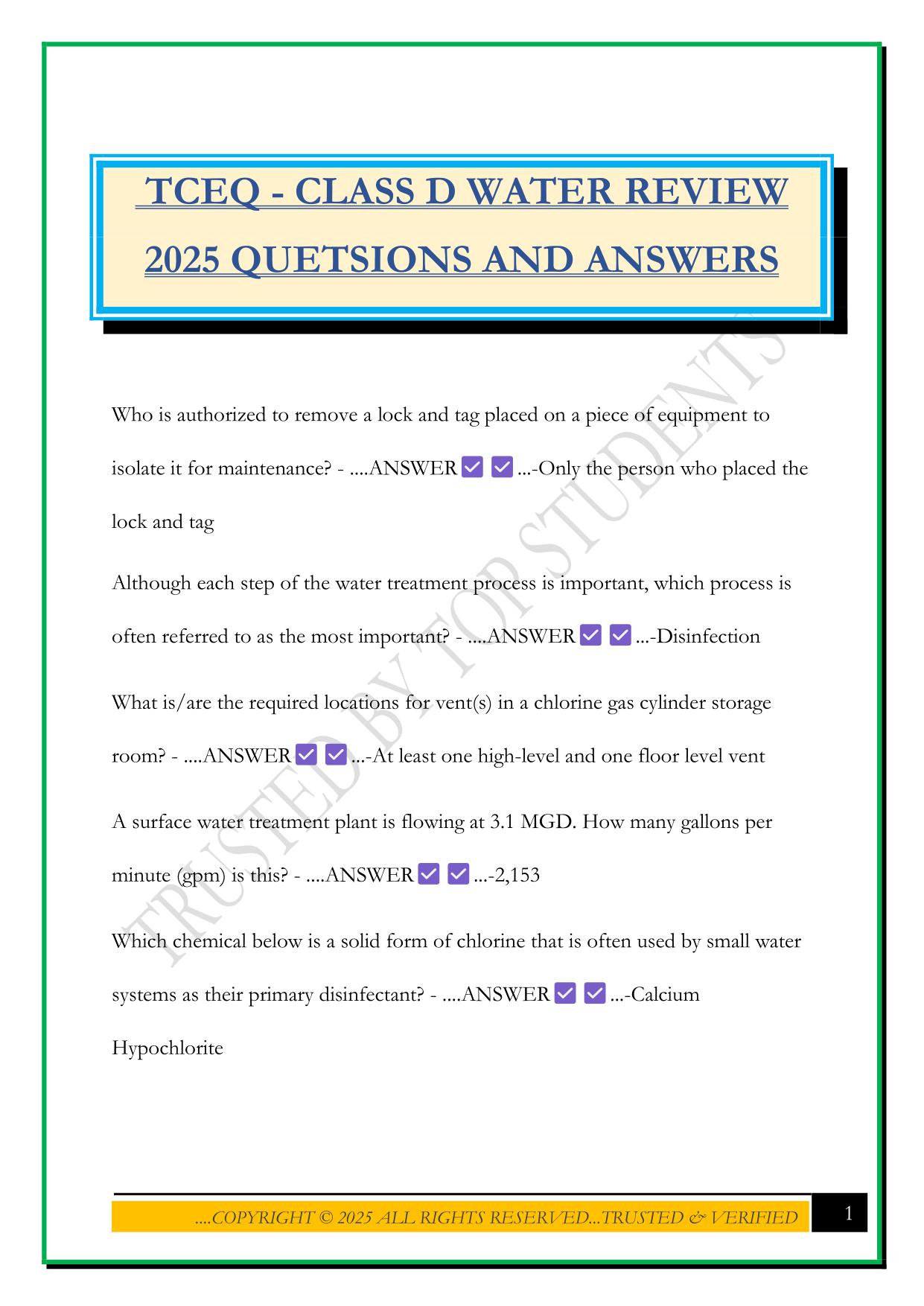 TCEQ - CLASS D WATER REVIEW 2025 QUETSIONS AND ANSWERS