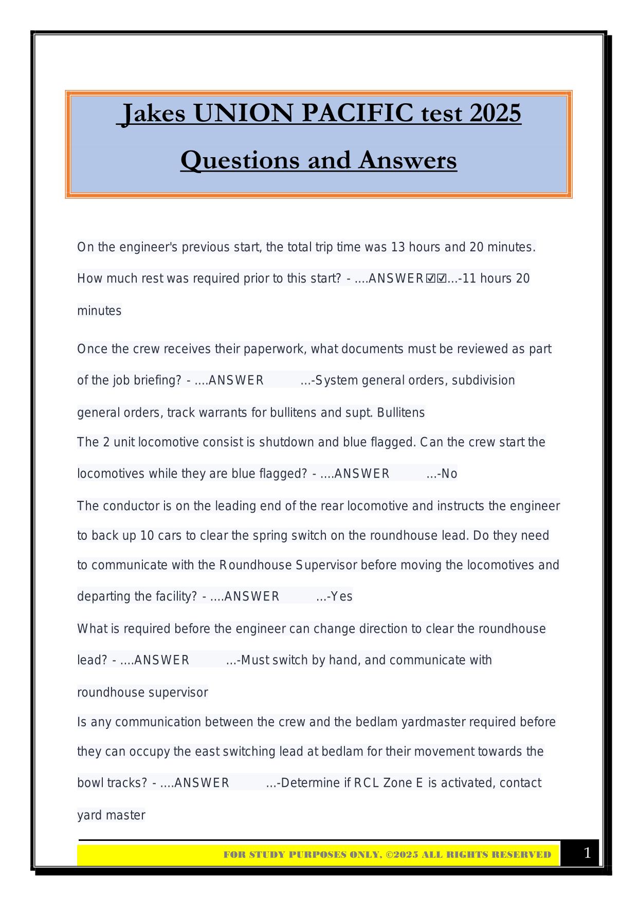 Jakes UNION PACIFIC test 2025 Questions and Answer