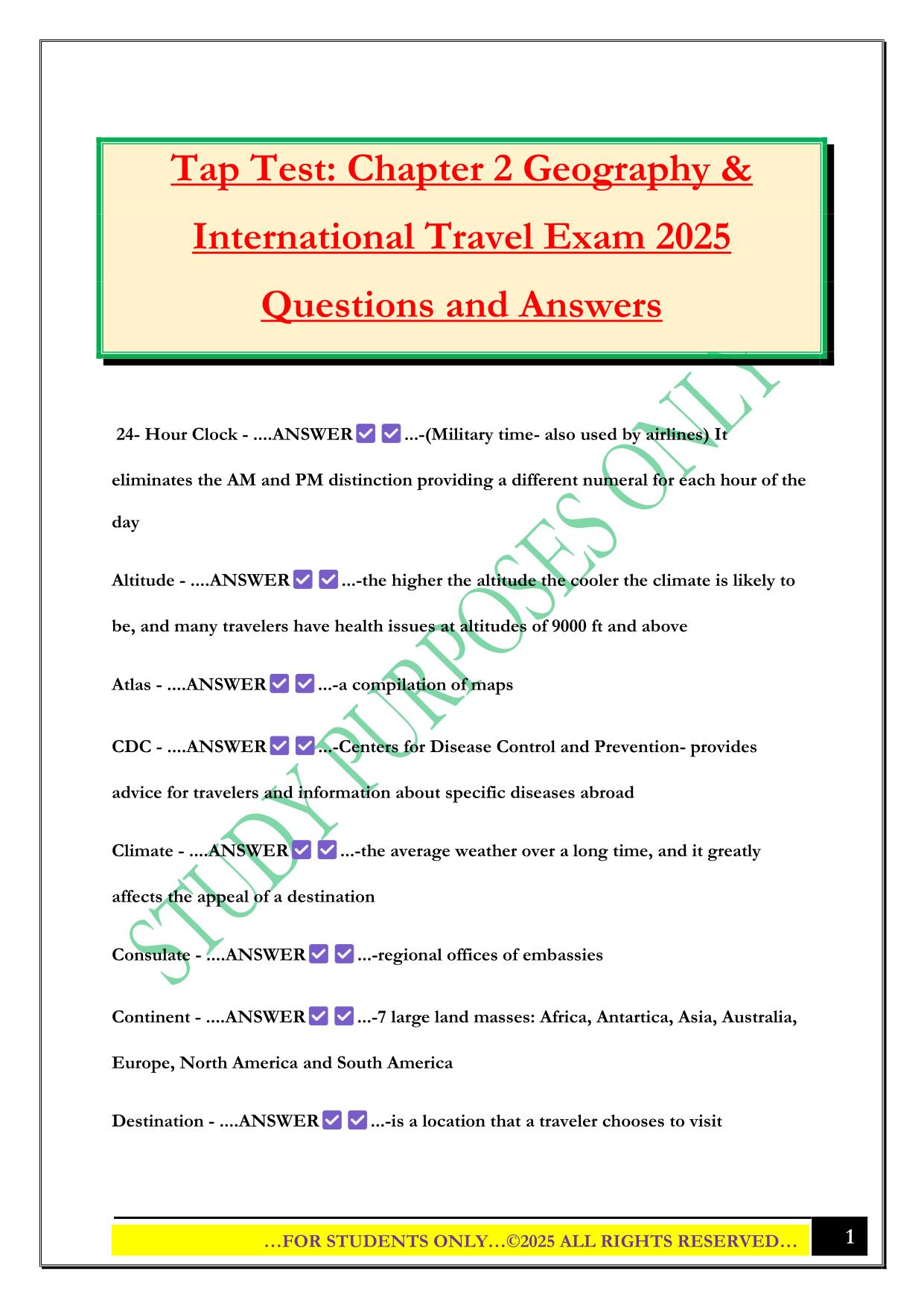 Tap Test: Chapter 2 Geography & International Travel Exam 2025 Questions and Answers