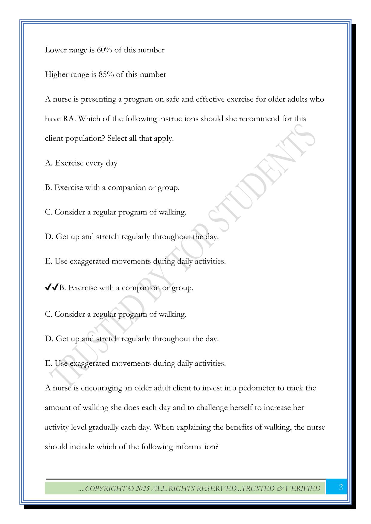 Nurse's Touch: Wellness and Self-Care: Self-Care: Self-Care: Physical Activity Exam 2025 Questions and Answers
