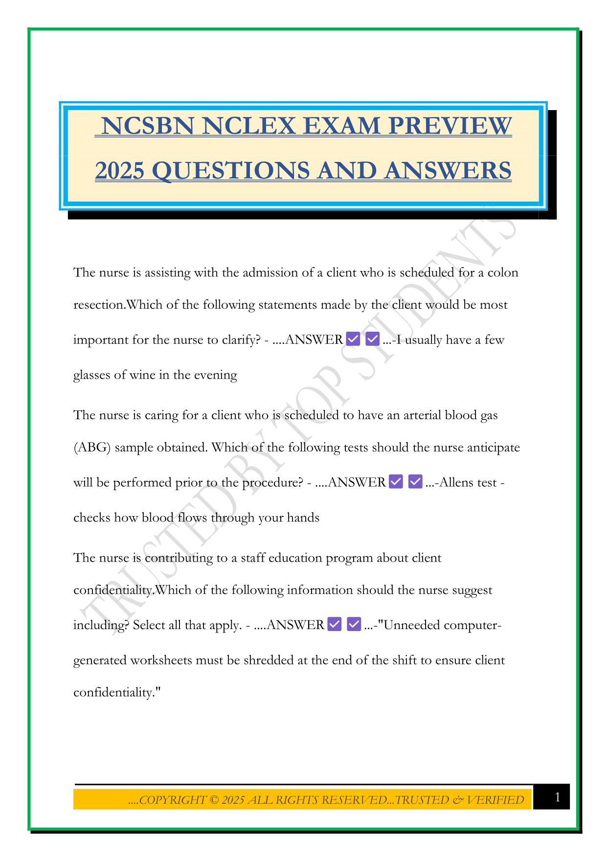 NCSBN NCLEX EXAM PREVIEW 2025 QUESTIONS AND ANSWERS