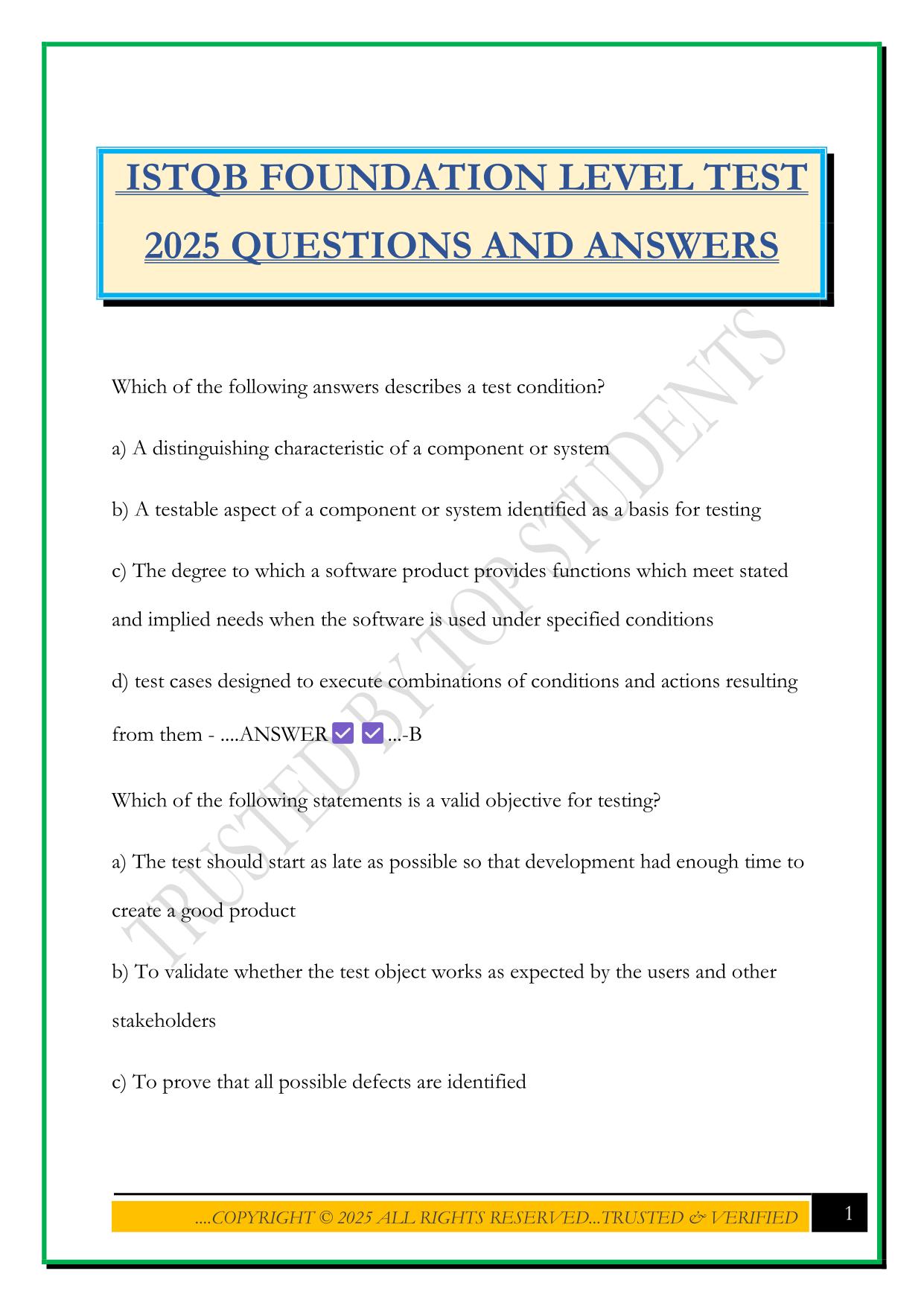 ISTQB FOUNDATION LEVEL TEST 2025 QUESTIONS AND ANSWERS