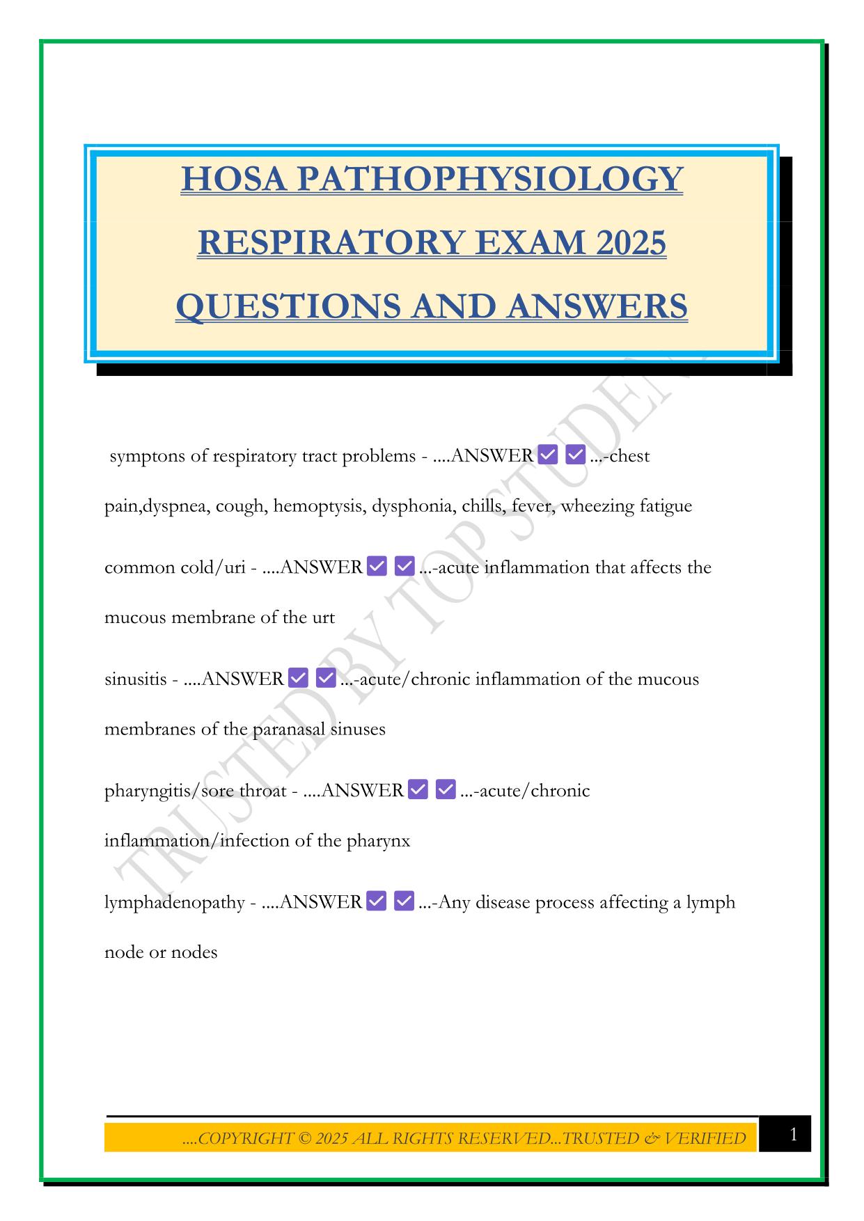HOSA PATHOPHYSIOLOGY RESPIRATORY EXAM 2025 QUESTIONS AND ANSWERS