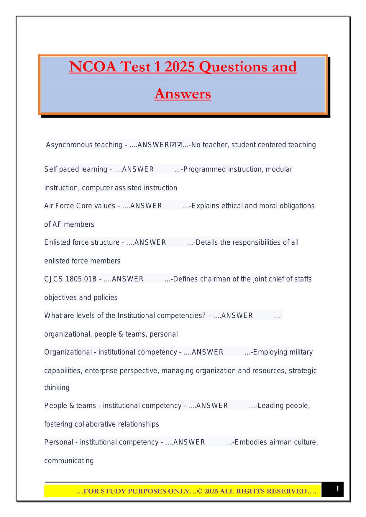 NCOA Test 1 2025 Questions and Answers