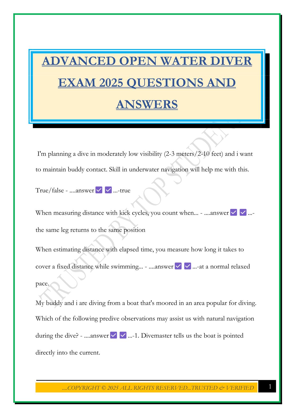 ADVANCED OPEN WATER DIVER EXAM 2025 QUESTIONS AND ANSWERS
