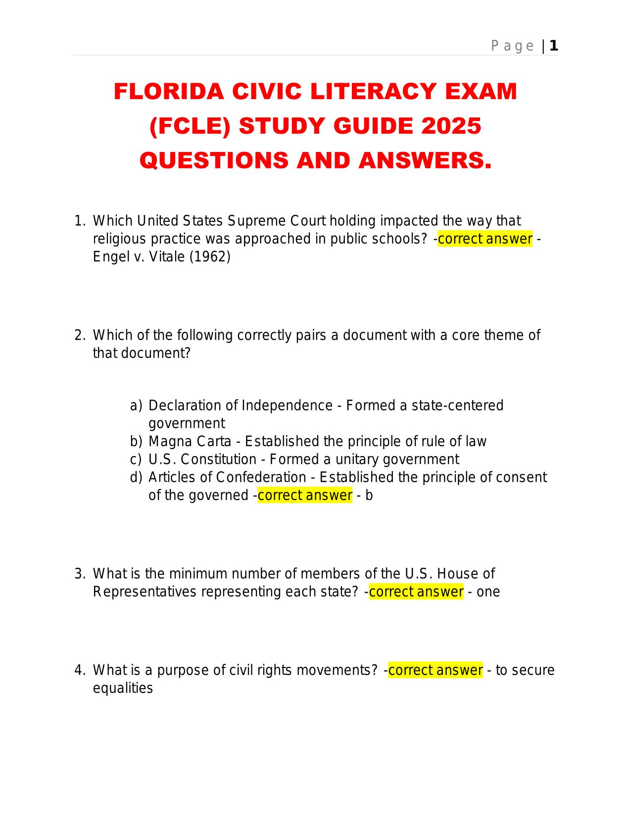 FLORIDA CIVIC LITERACY EXAM (FCLE) STUDY GUIDE 2025 QUESTIONS AND ANSWERS.