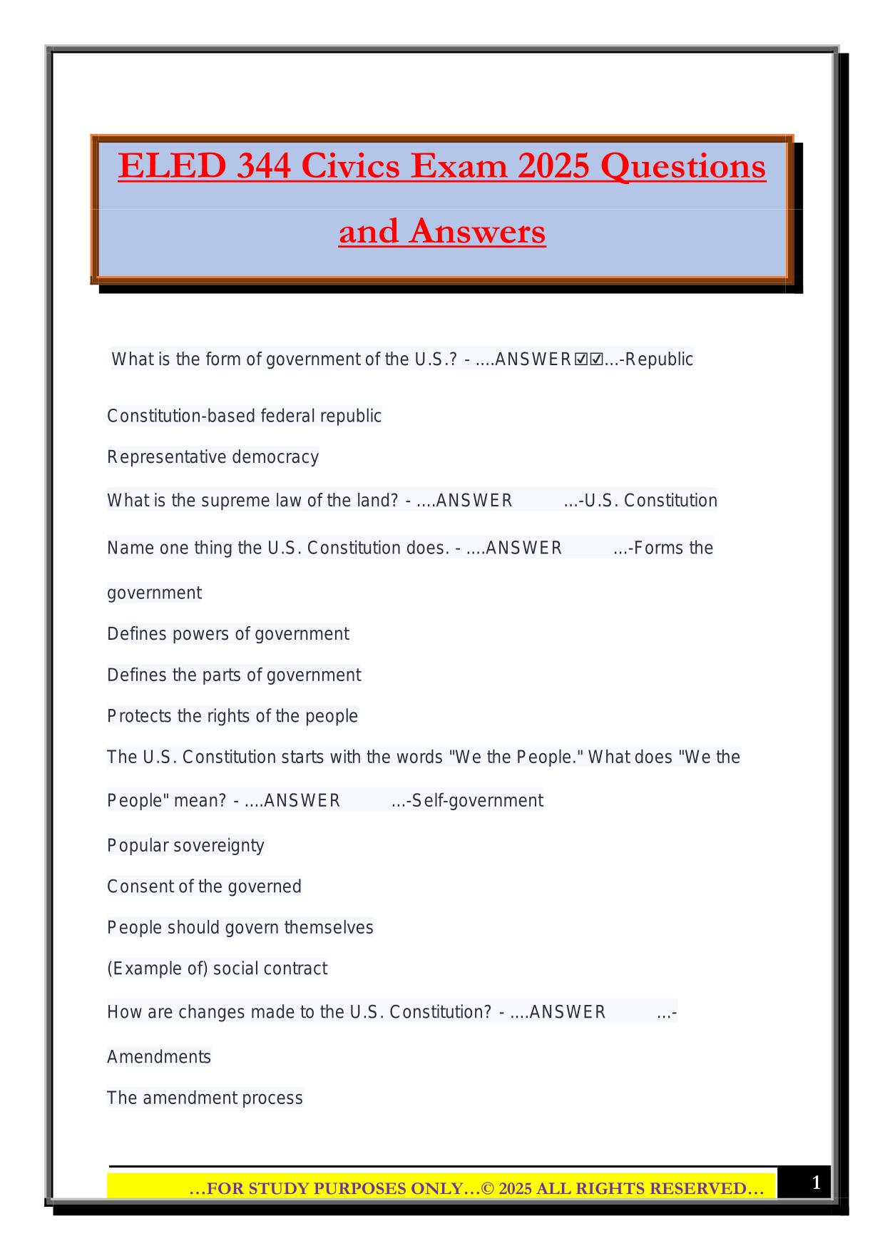 ELED 344 Civics Exam 2025 Questions and Answers