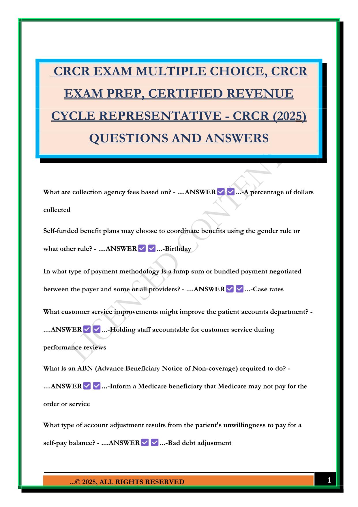 CRCR EXAM MULTIPLE CHOICE, CRCR EXAM PREP, CERTIFIED REVENUE CYCLE REPRESENTATIVE - CRCR (2025) QUESTIONS AND ANSWERS