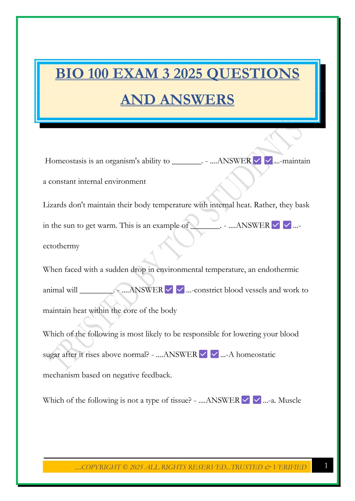 BIO 100 EXAM 3 2025 QUESTIONS AND ANSWERS