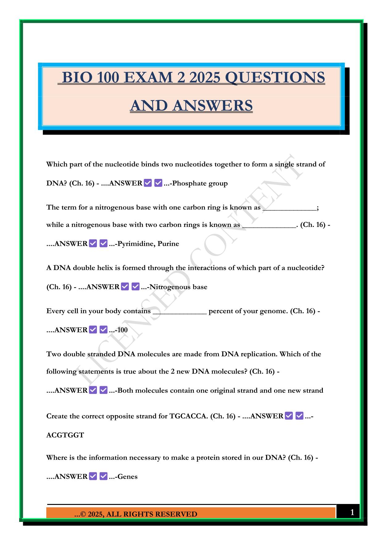 BIO 100 EXAM 2 2025 QUESTIONS AND ANSWERS