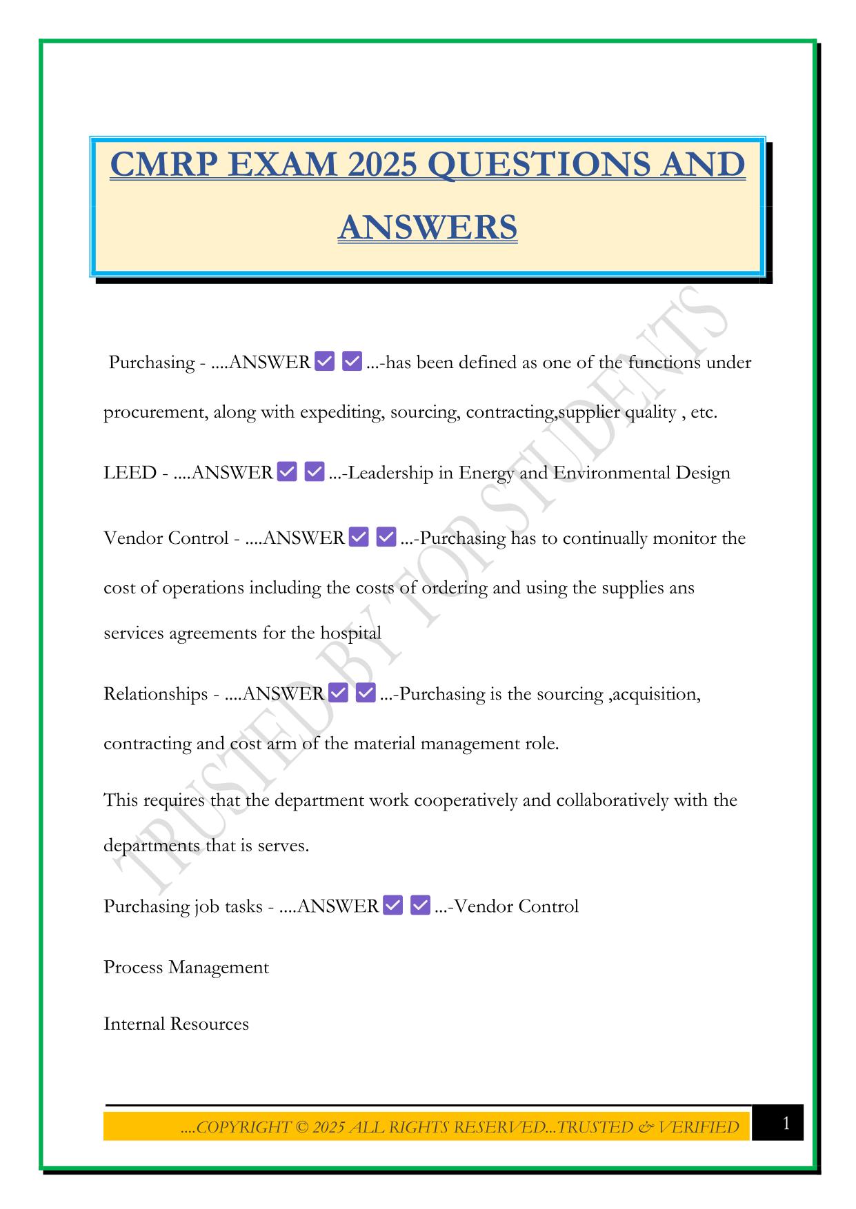 CMRP EXAM 2025 QUESTIONS AND ANSWERS