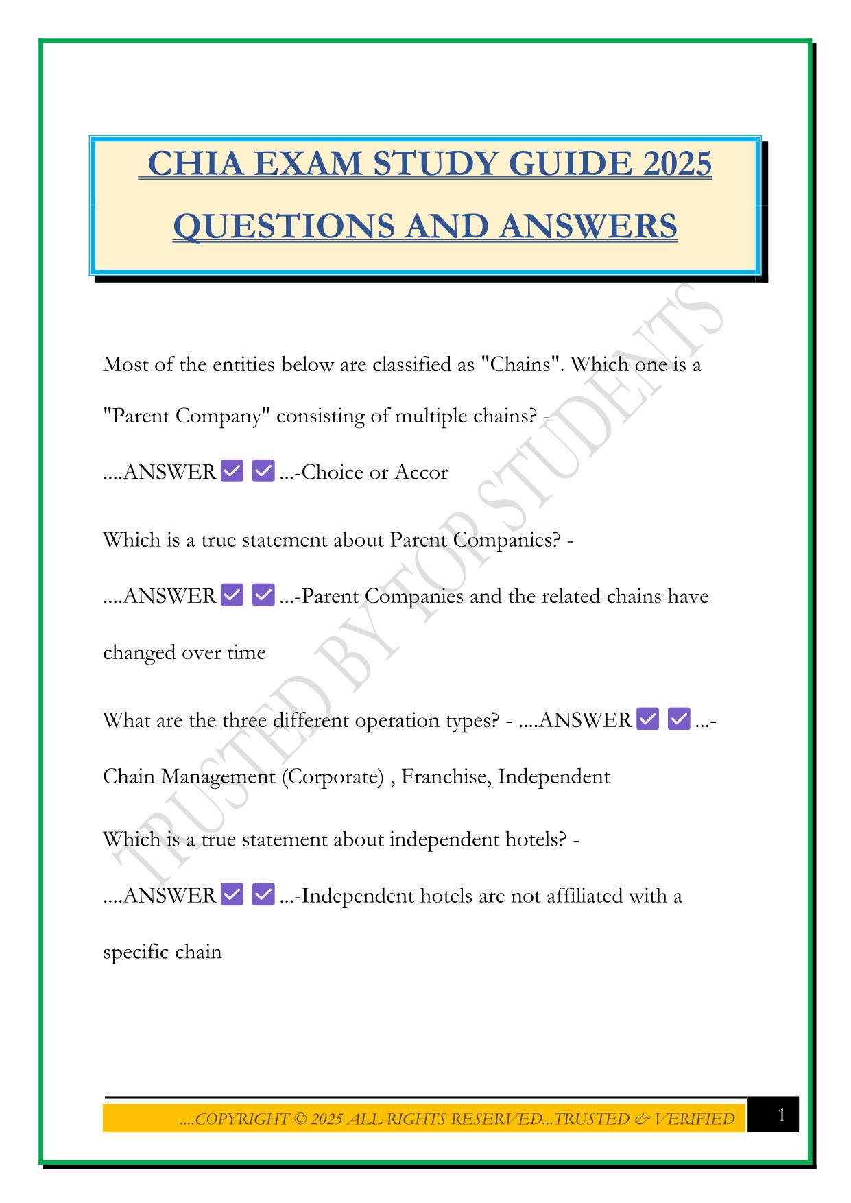 CHIA EXAM STUDY GUIDE 2025 QUESTIONS AND ANSWERS