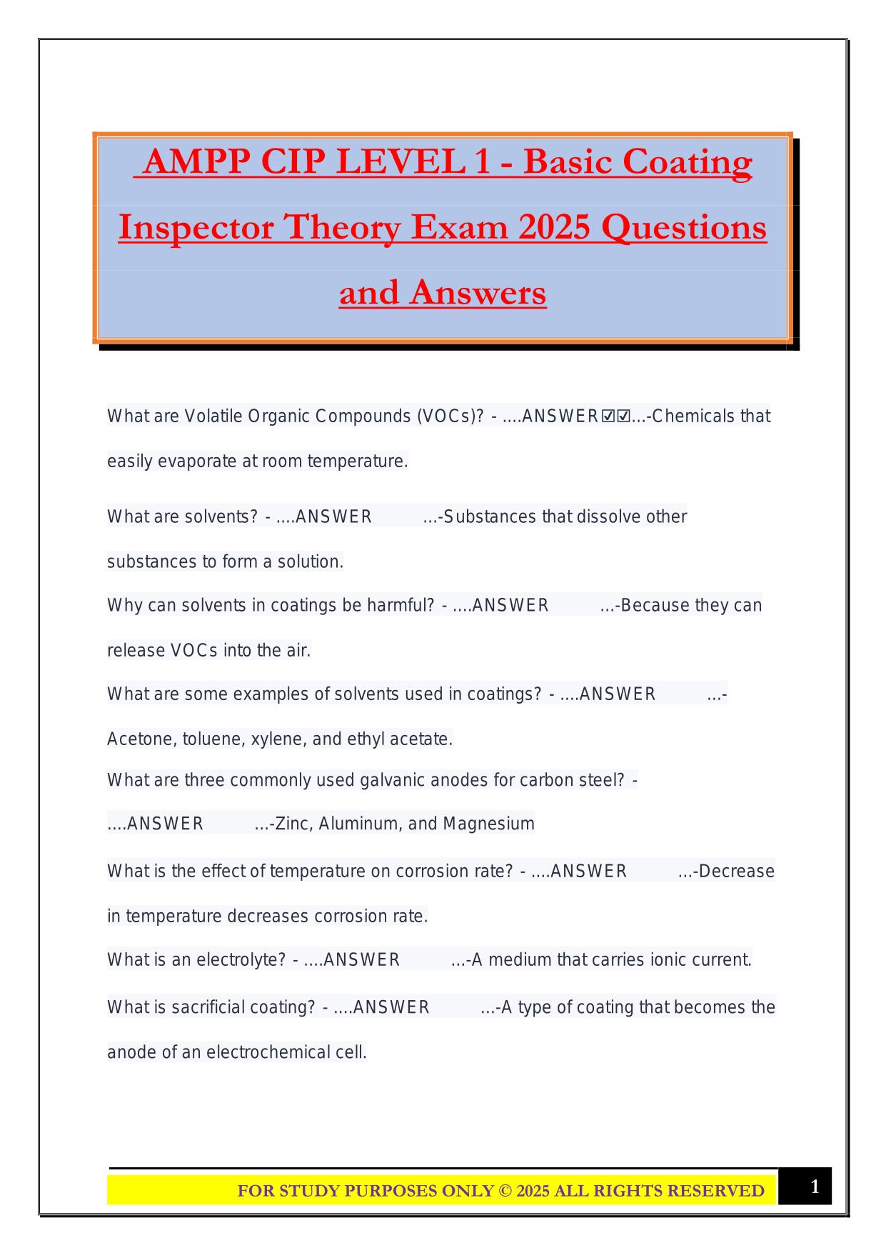 AMPP CIP LEVEL 1 - Basic Coating Inspector Theory Exam 2025 Questions and Answers